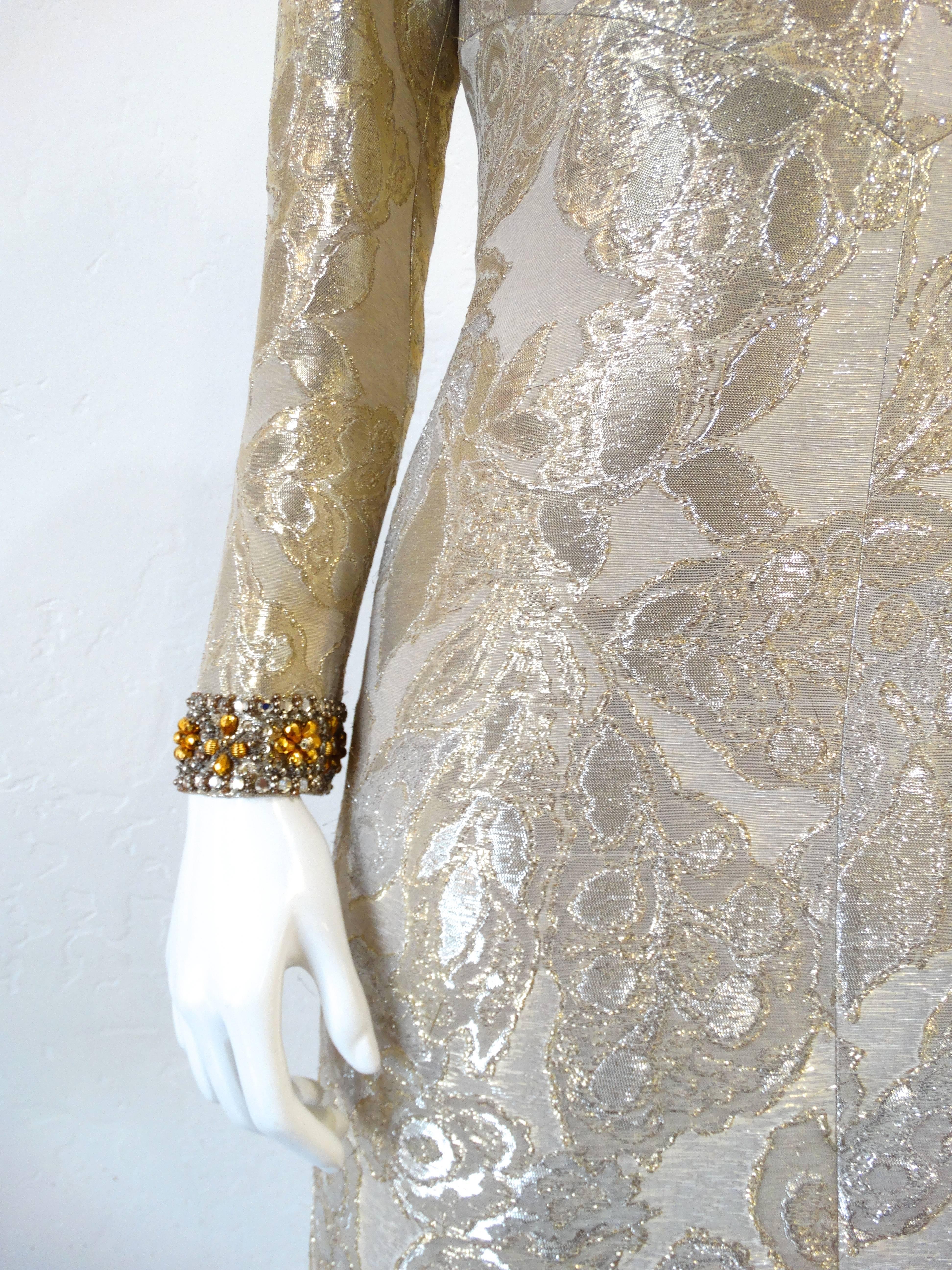 Brown 1960s Metallic Floral Brocade Beaded Dress