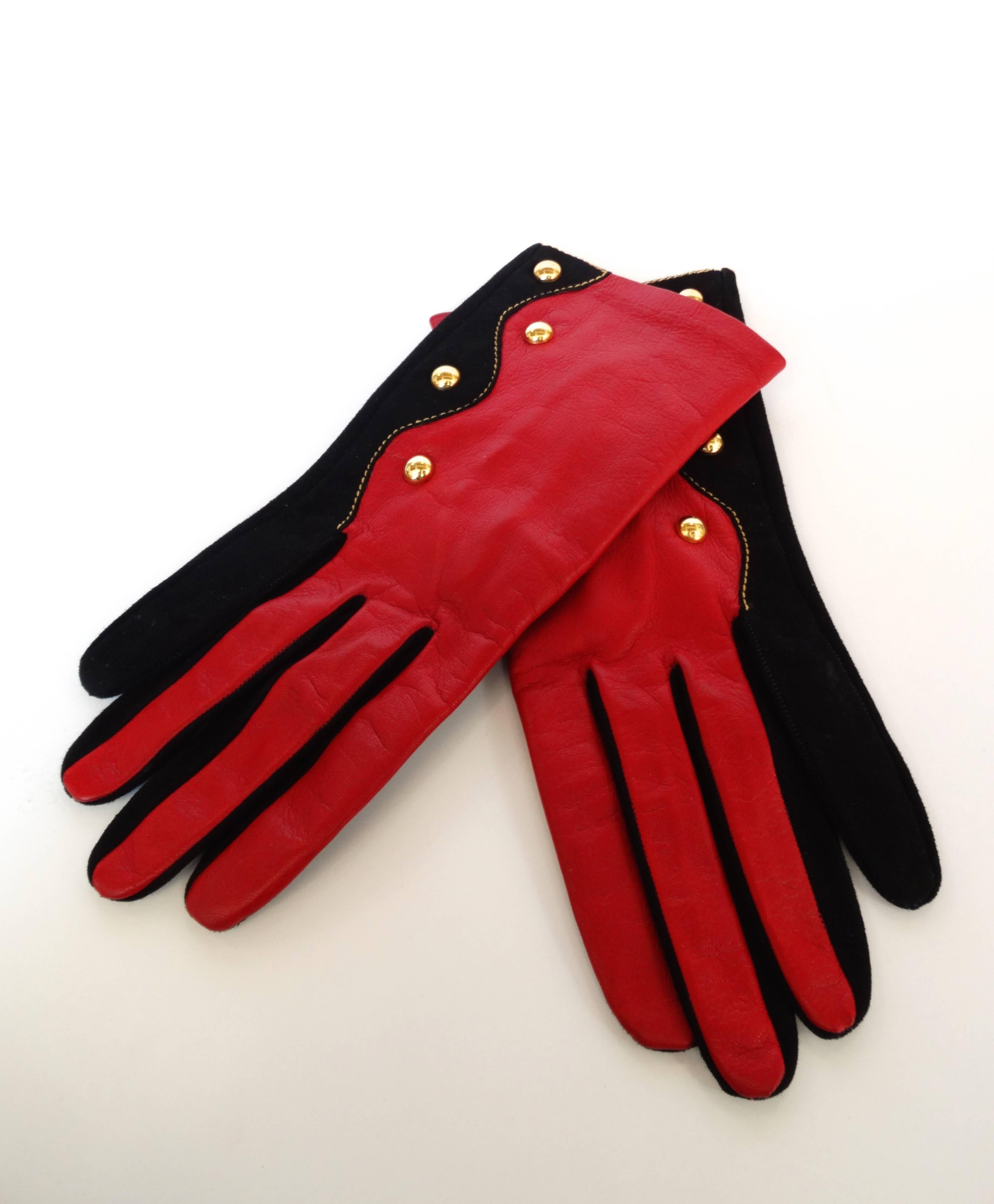 Christian LaCroix Red & Black Studded Gloves In Excellent Condition In Scottsdale, AZ