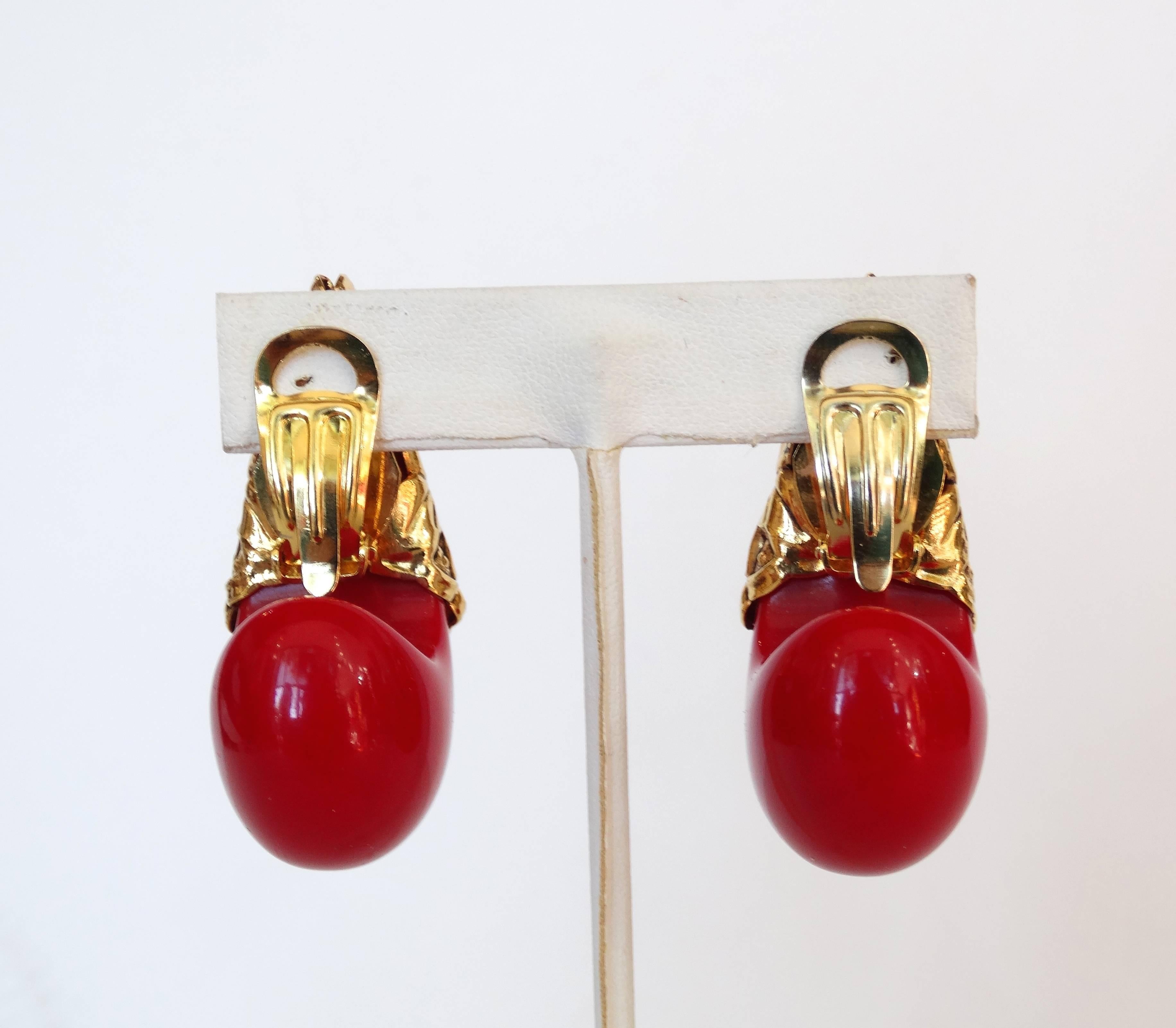 Women's 1980s Unsigned Filigree Red Teardrop Earrings 
