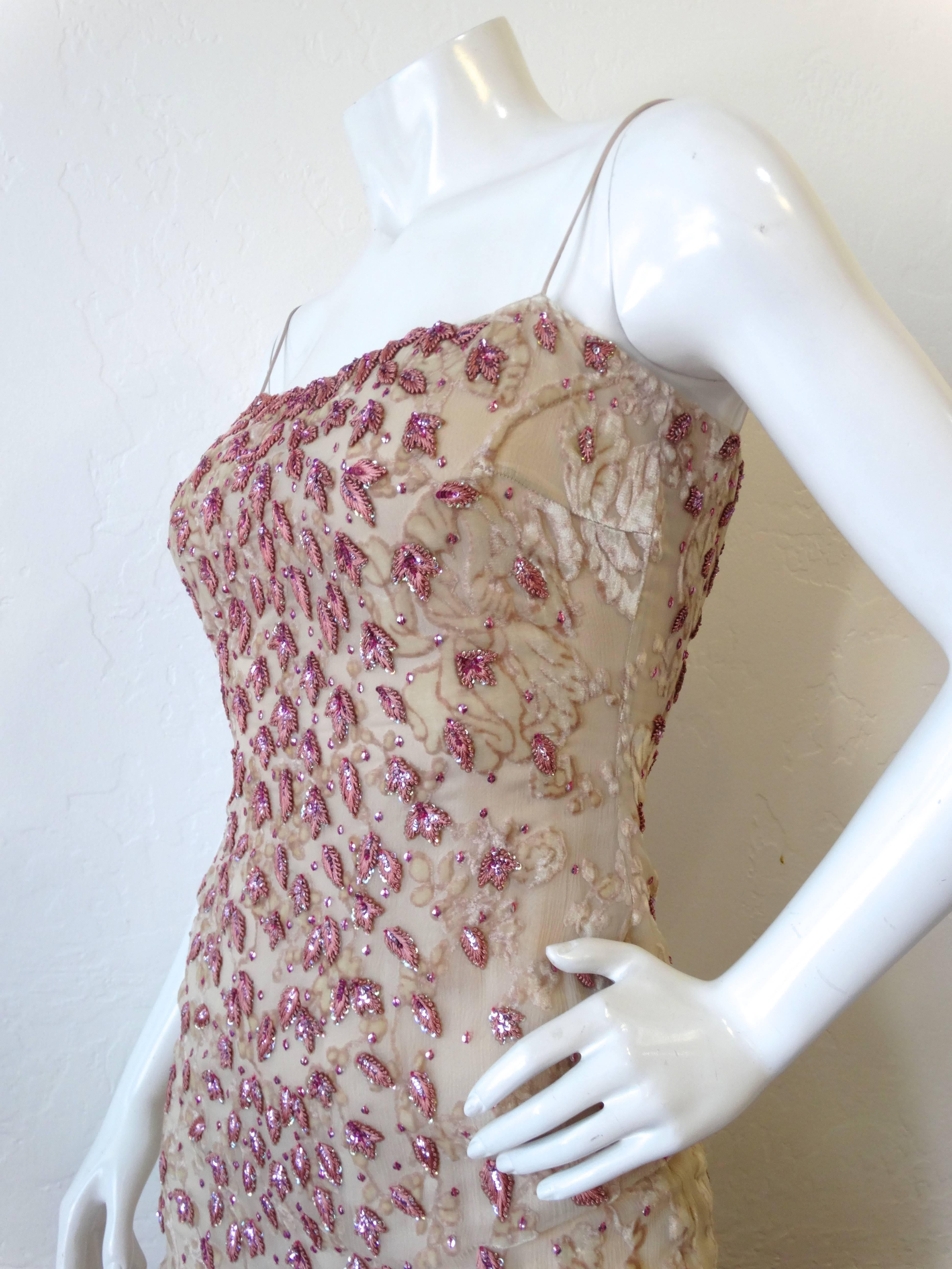 Badgley Mischka Cream & Pink Beaded Evening Gown 3