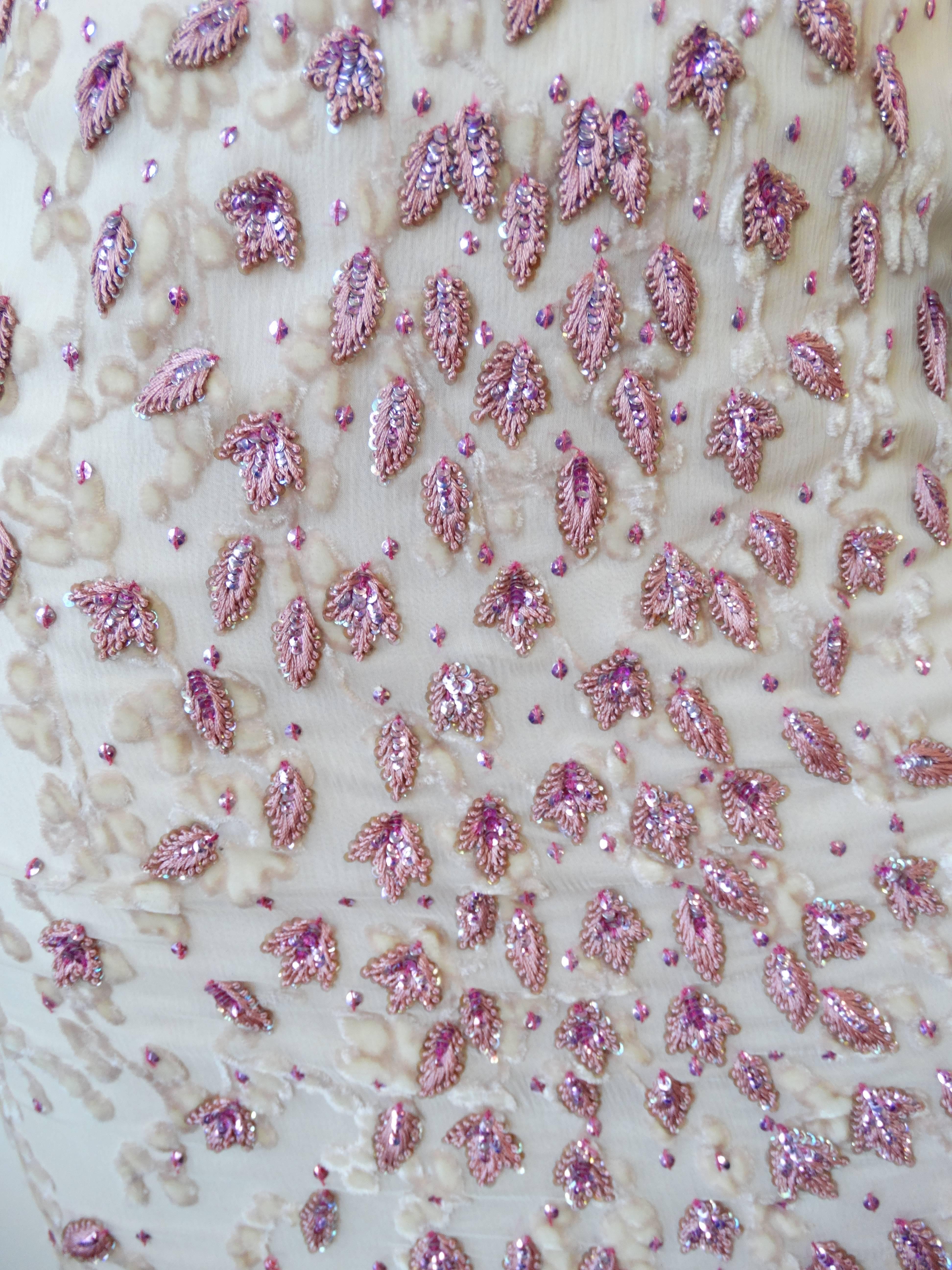 Badgley Mischka Cream & Pink Beaded Evening Gown In Excellent Condition In Scottsdale, AZ