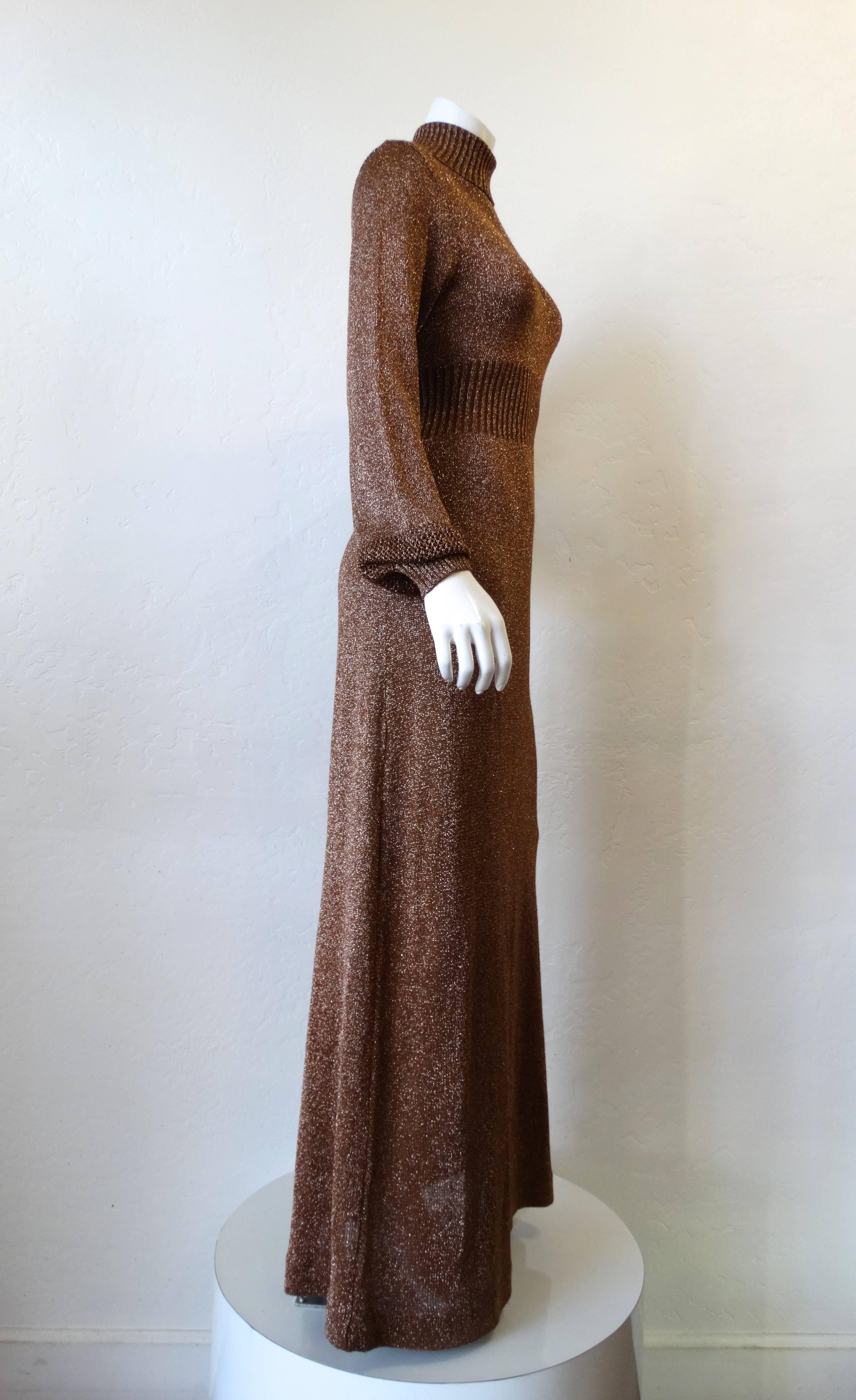 WENJILLI, vintage 1970s lurex maxi dress, Copper Metallic lurex Knit Maxi Dress Crochet Neckline