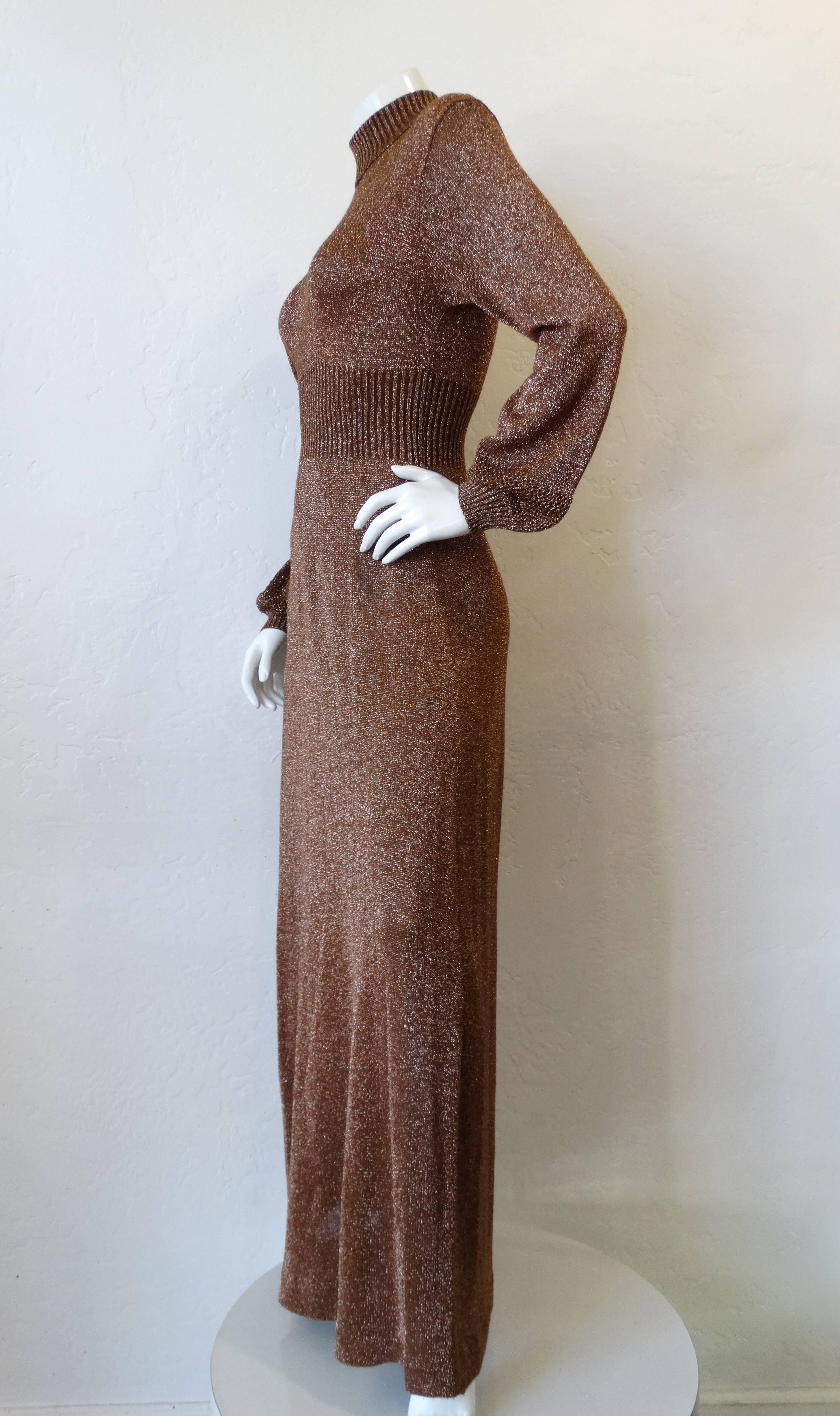 Brown 1970s Wenjilli Bronze Metallic Lurex Dress 
