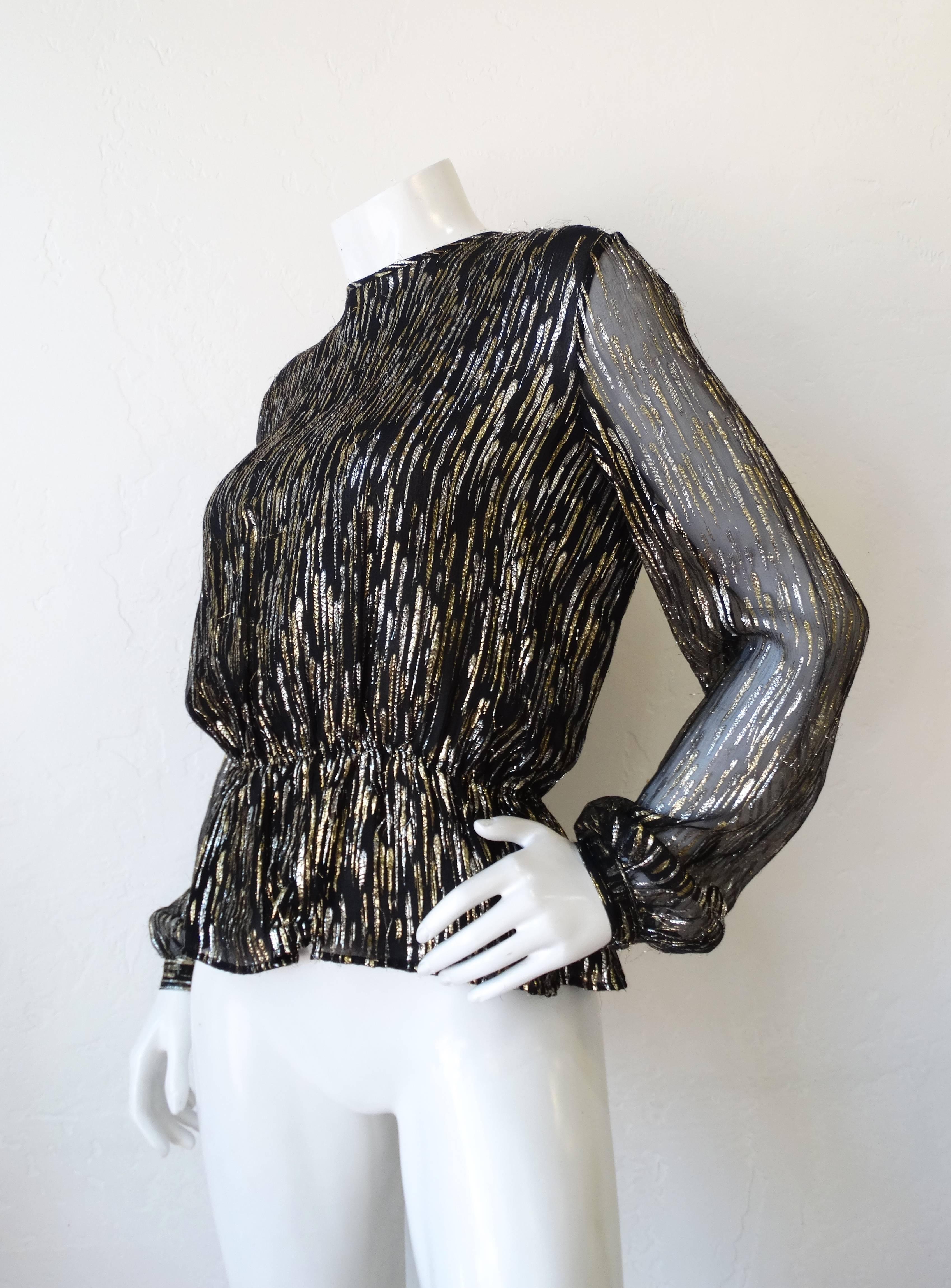 Women's 1980s Chanel Metallic Stripe Printed Sheer Blouse 