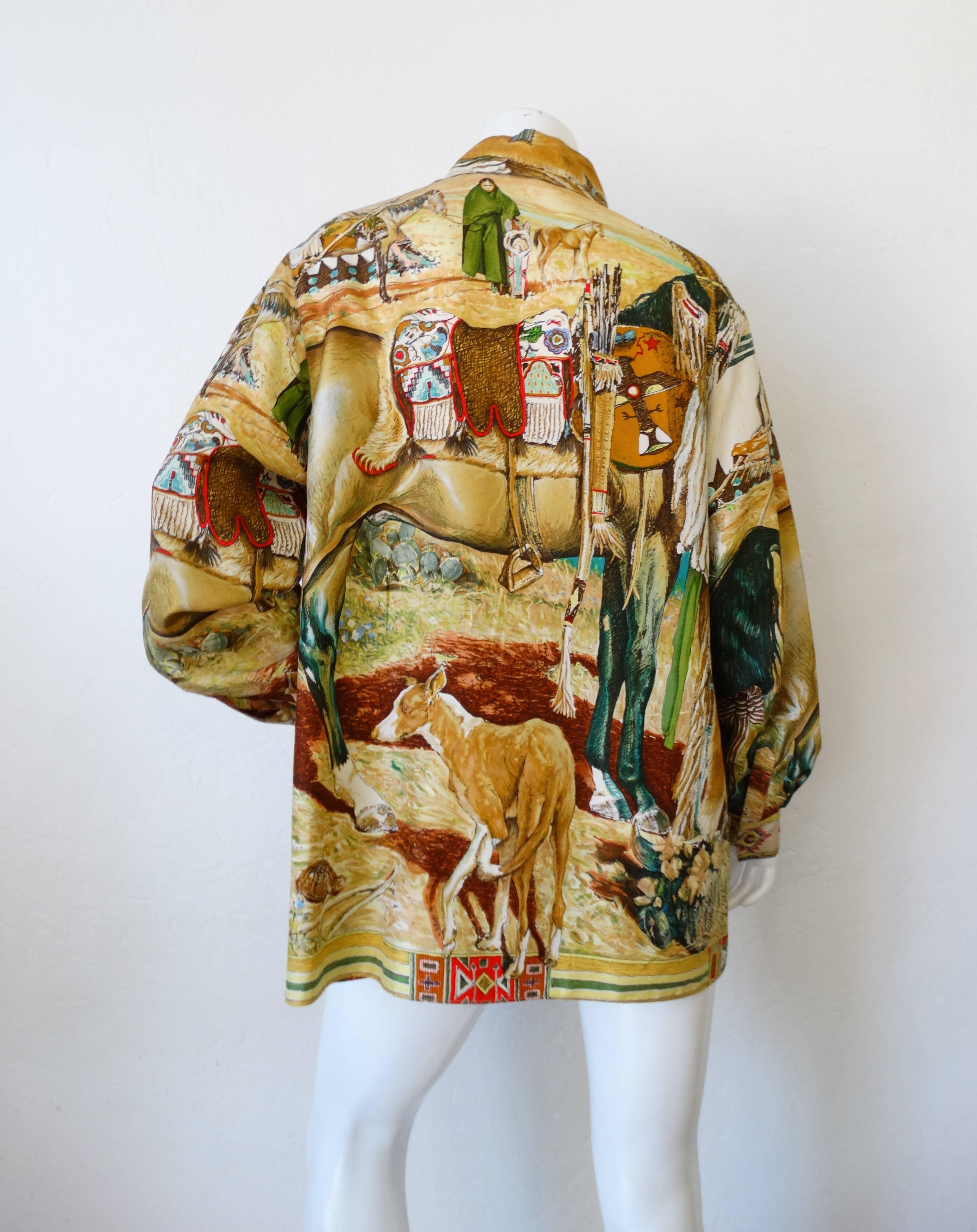 1980s Hermes Native American Indian Printed Button Up 1
