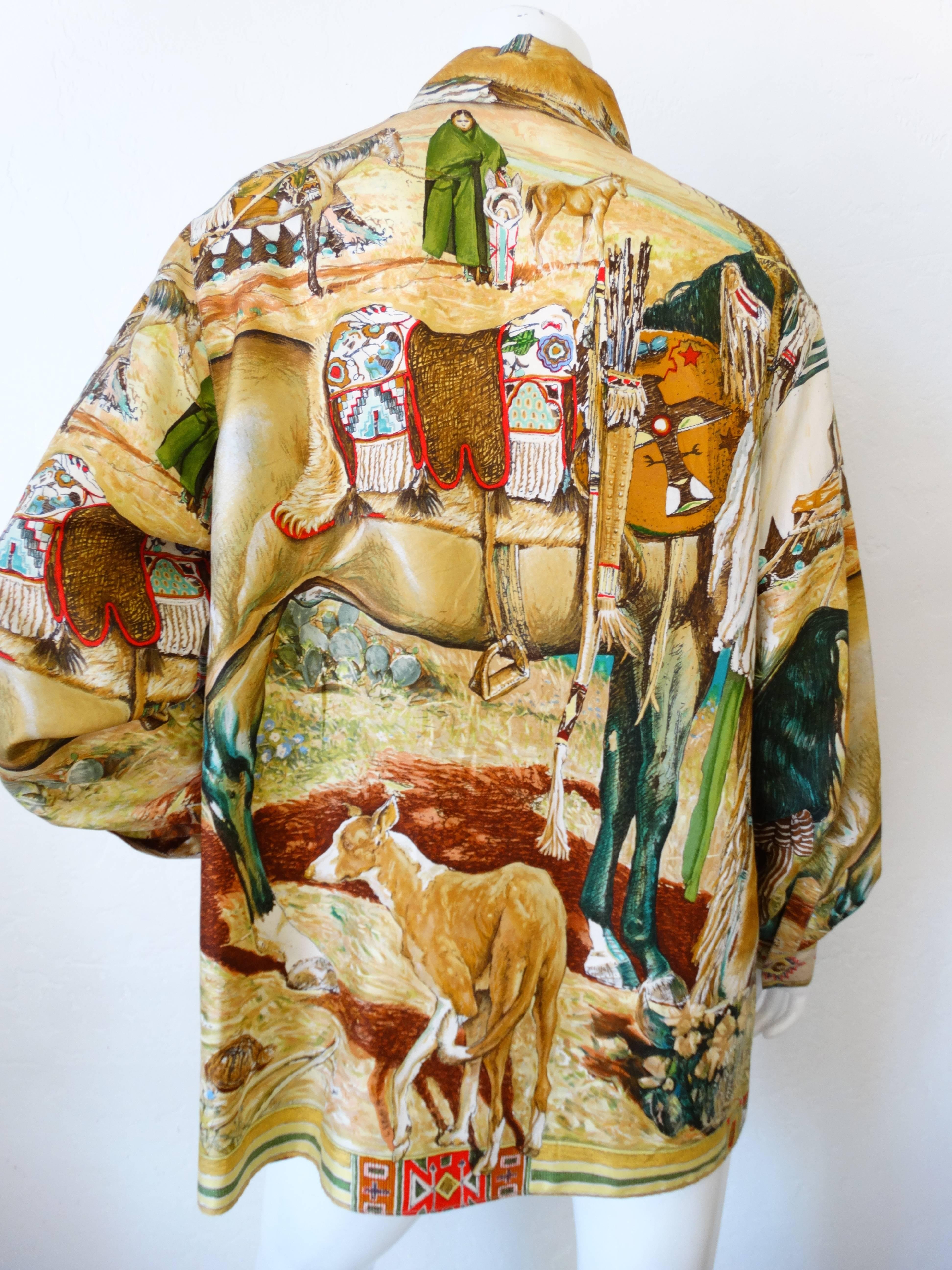 1980s Hermes Native American Indian Printed Button Up 2