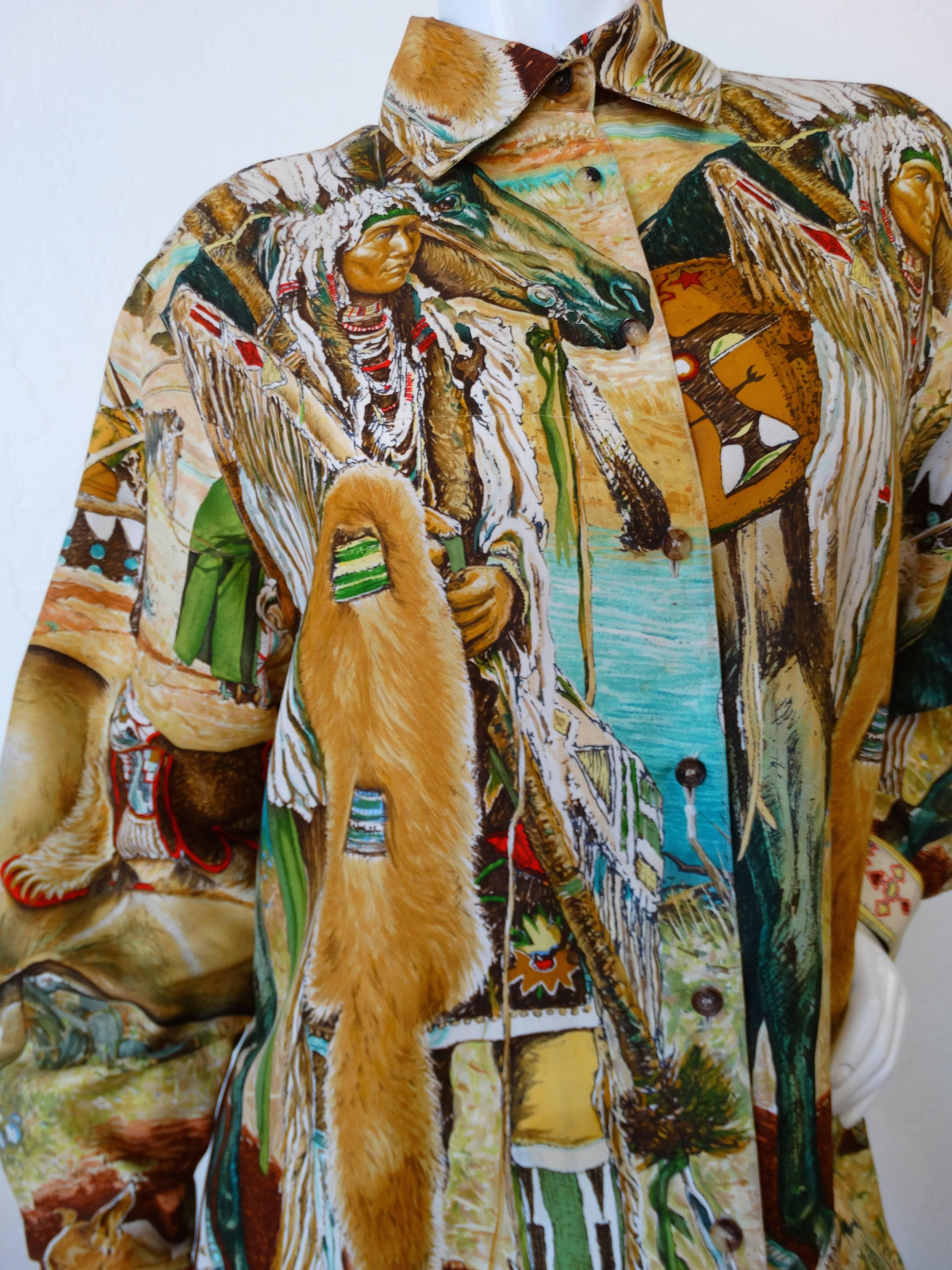 Brown 1980s Hermes Native American Indian Printed Button Up