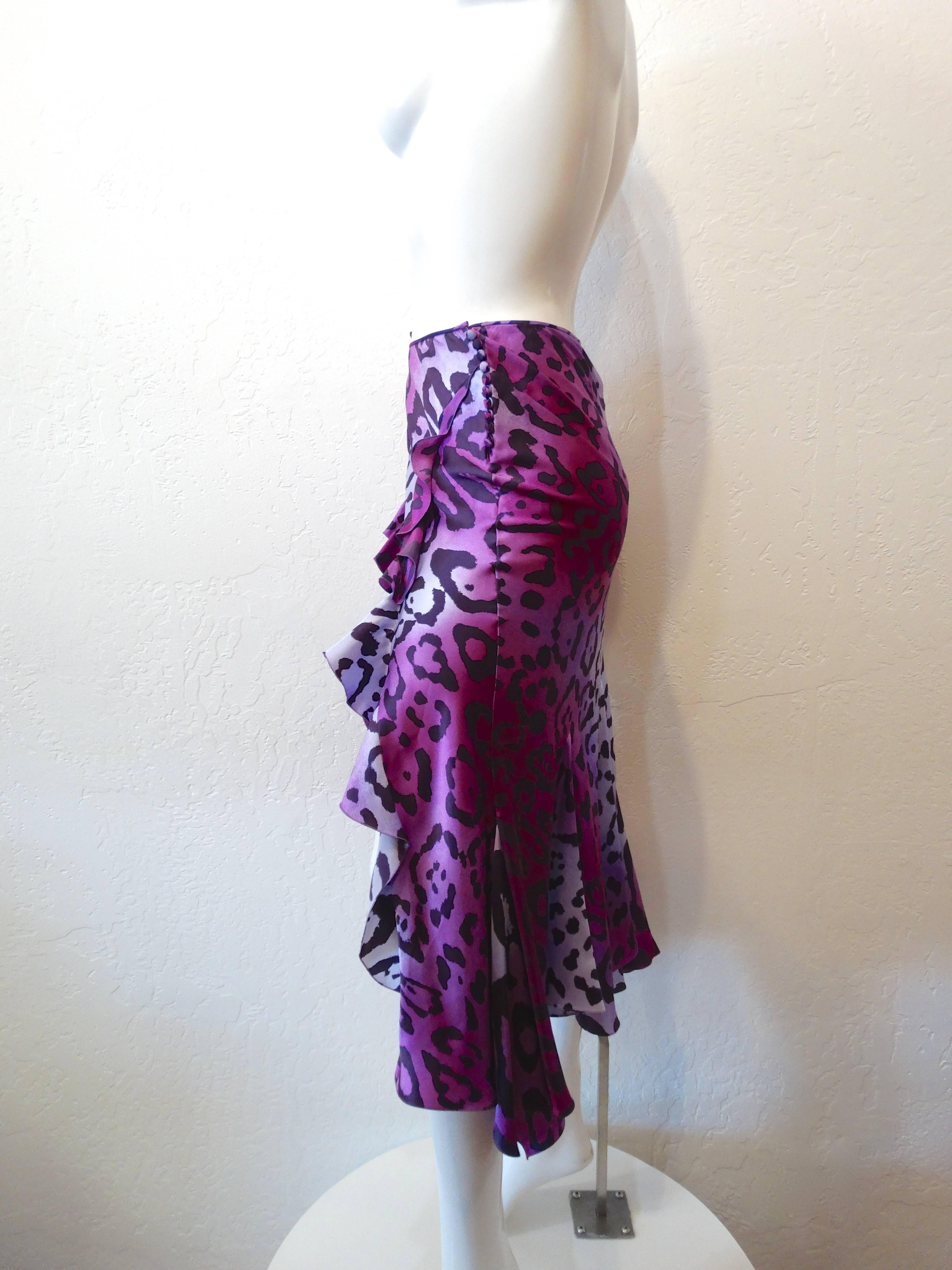 1990s Christian Dior Purple Leopard Ruffle Skirt  In Excellent Condition In Scottsdale, AZ