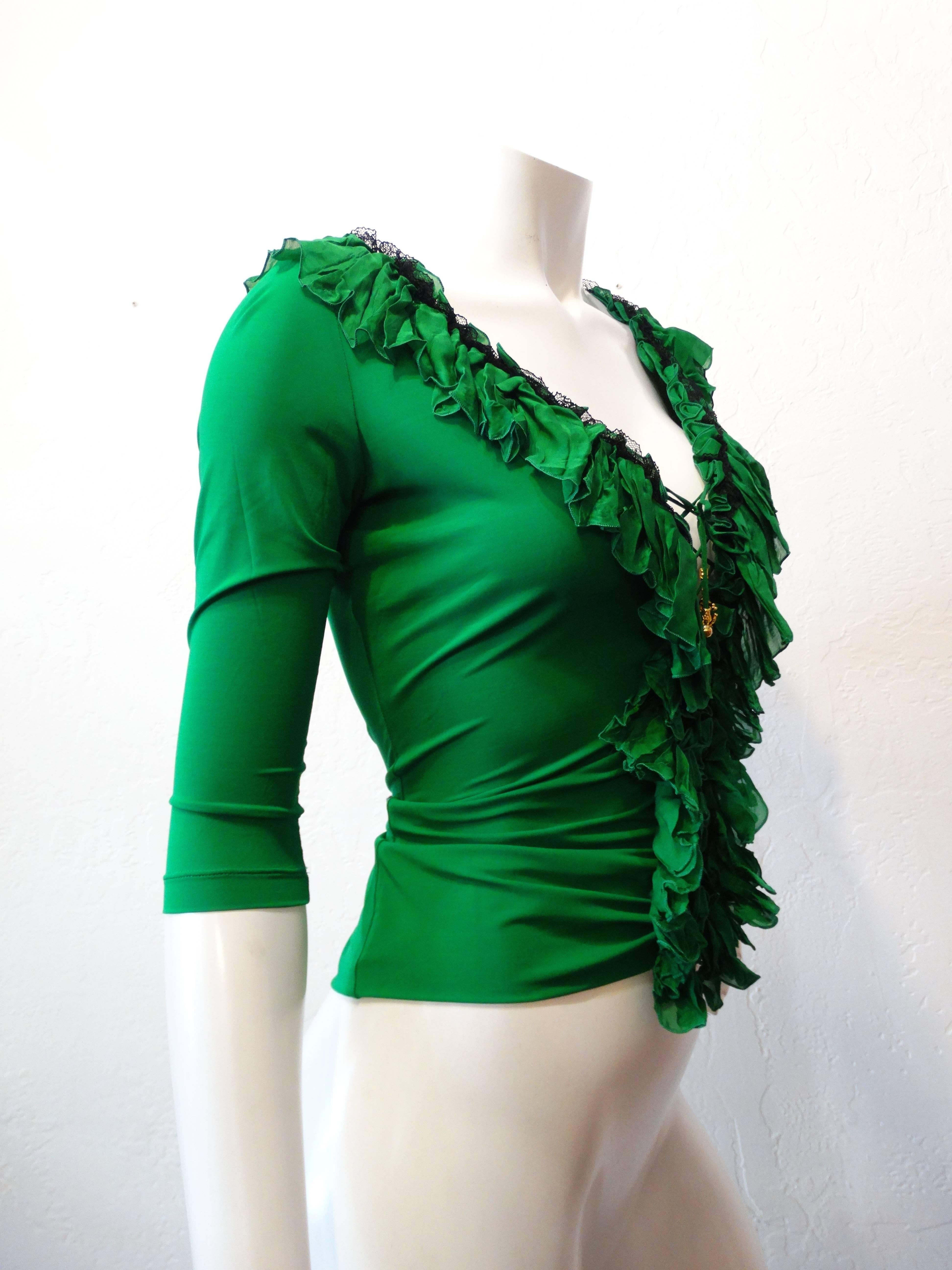 Roberto Cavalli Green Ruffle Corset Lace Up Top  In Excellent Condition For Sale In Scottsdale, AZ