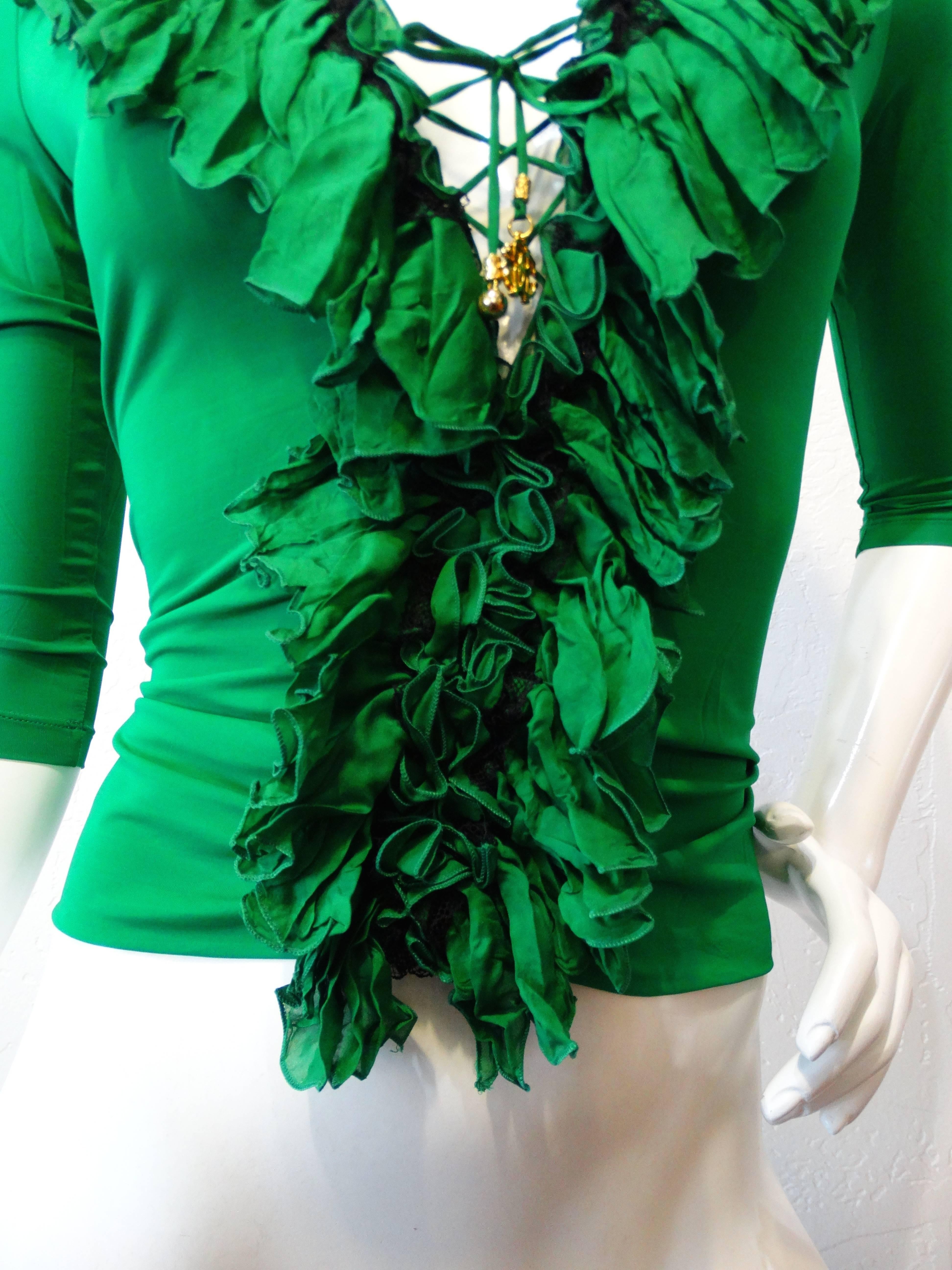 Haut corset à lacets à volants verts Roberto Cavalli  Excellent état - En vente à Scottsdale, AZ