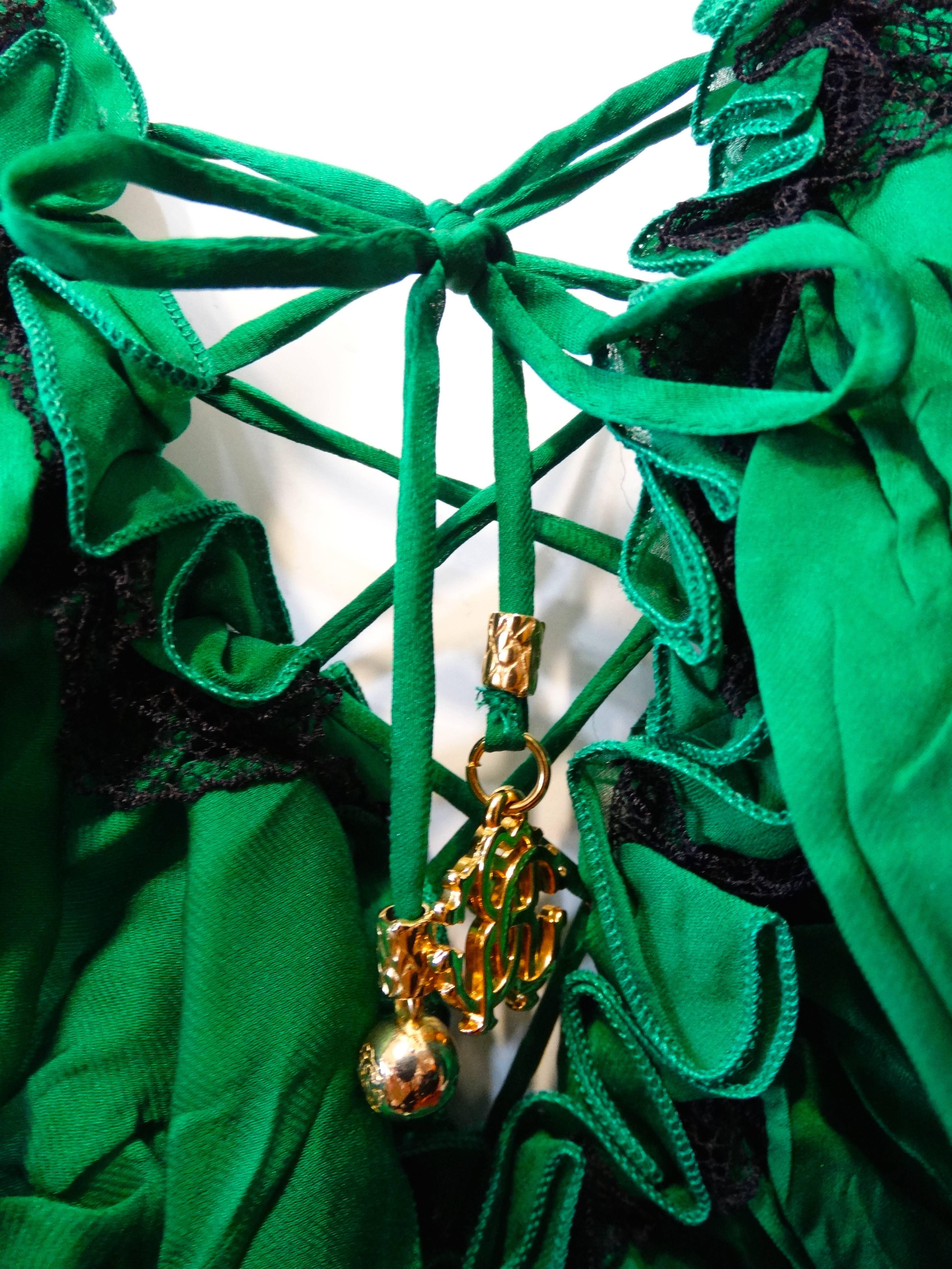 Vert Haut corset à lacets à volants verts Roberto Cavalli  en vente