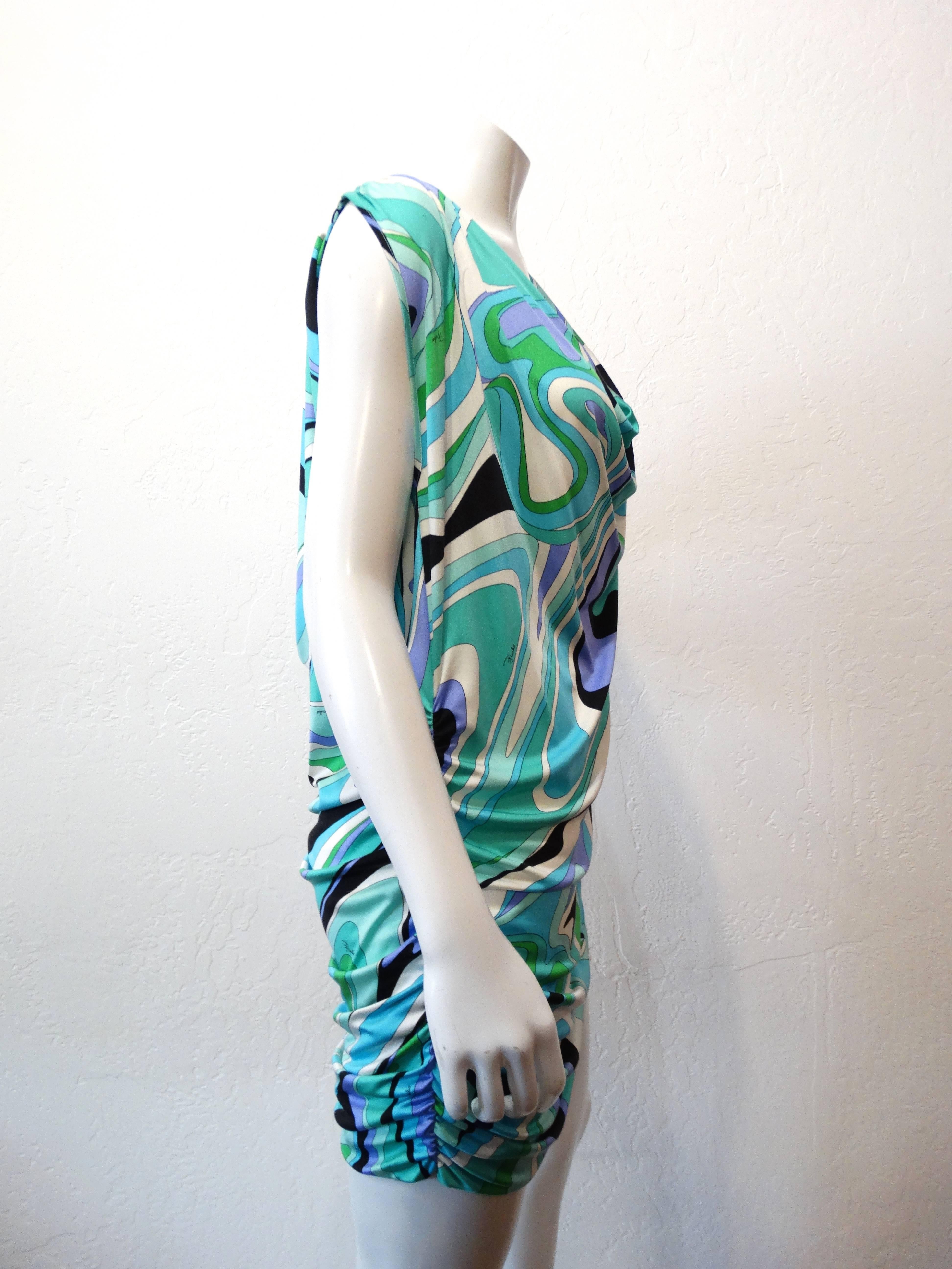 Blue Emilio Pucci Printed Gathered Tunic Necklace Dress
