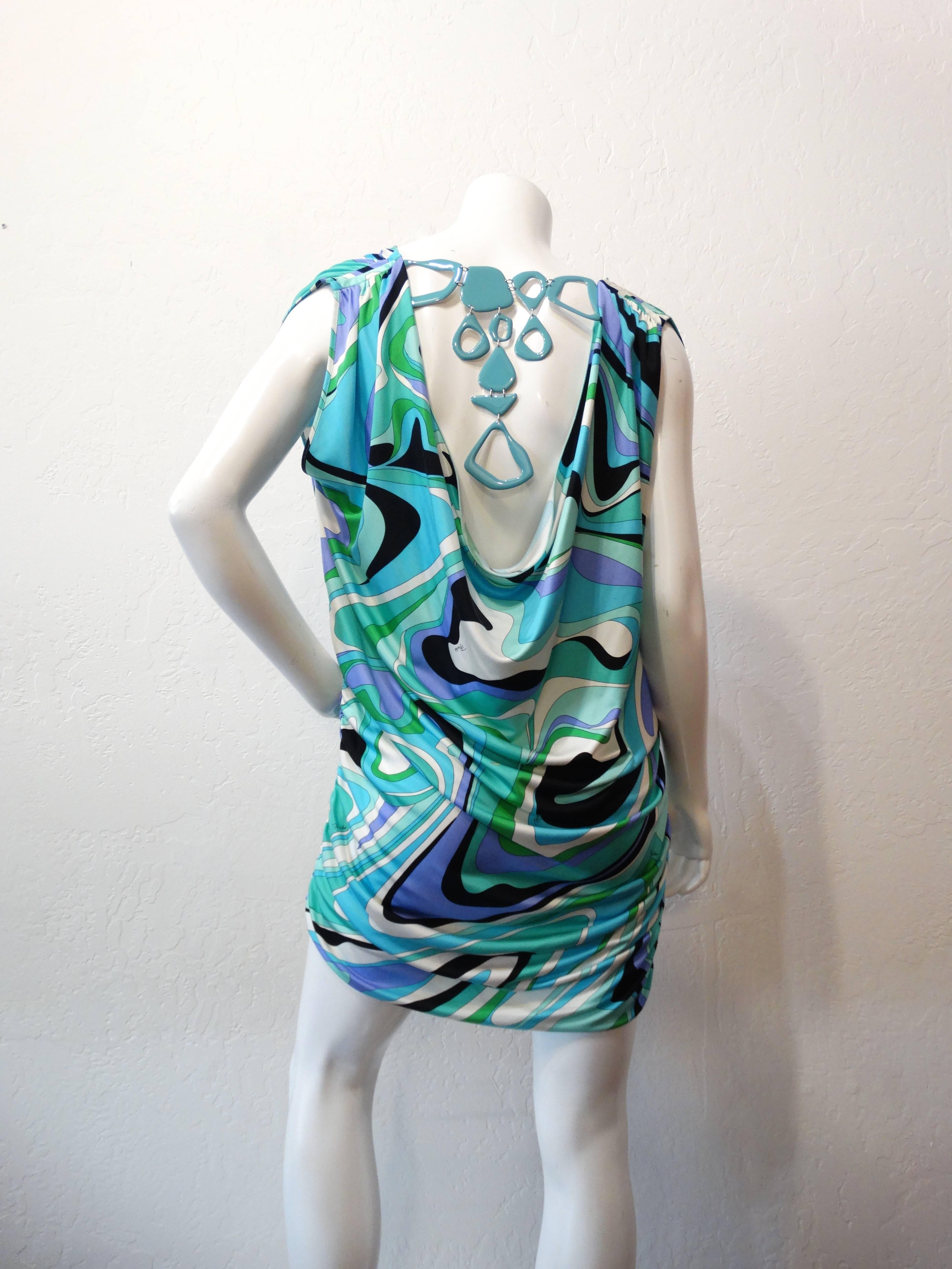 Emilio Pucci Printed Gathered Tunic Necklace Dress In Excellent Condition In Scottsdale, AZ