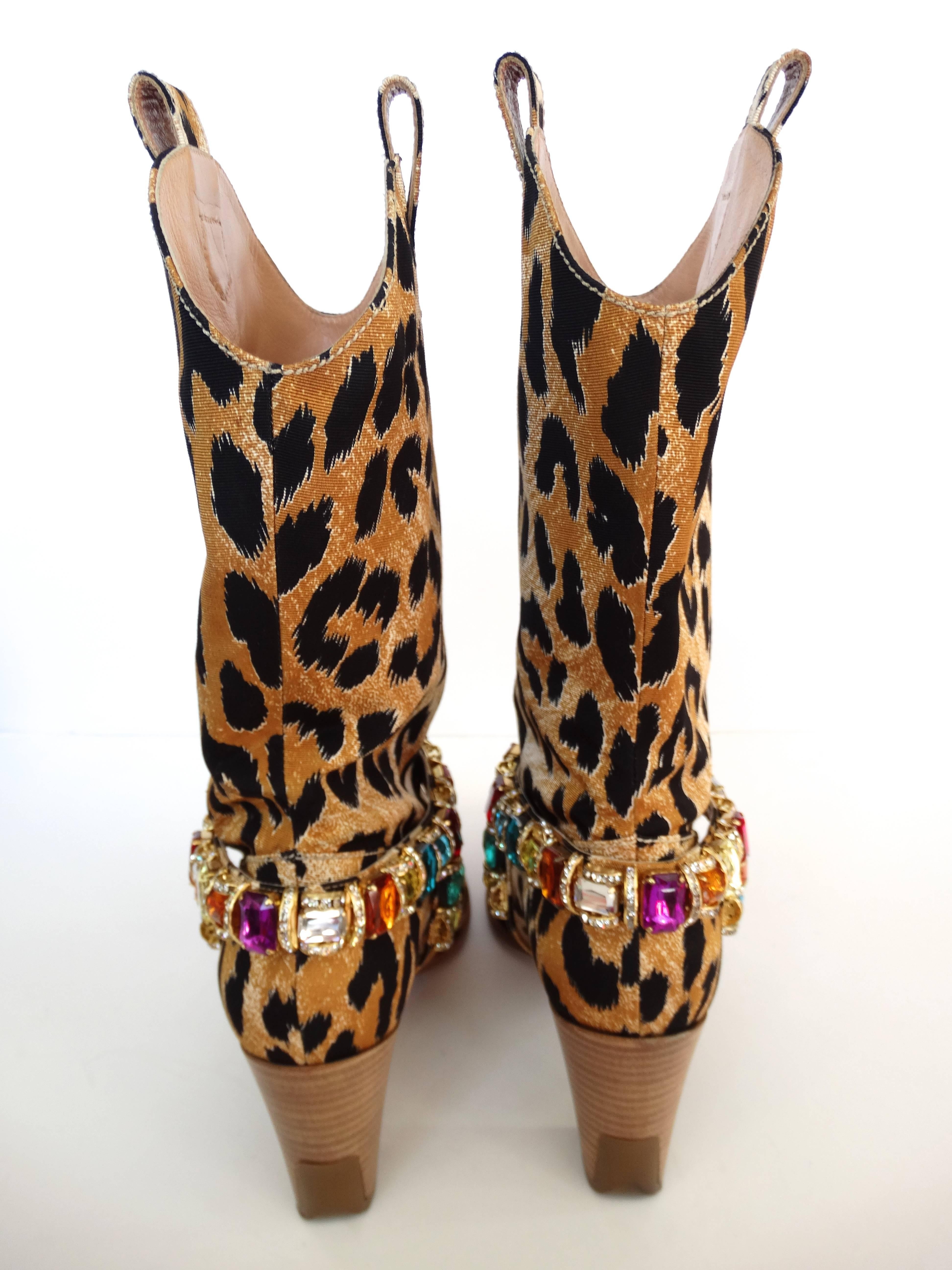 Women's Casadei Leopard Canvas Rhinestone Cowgirl Boots 