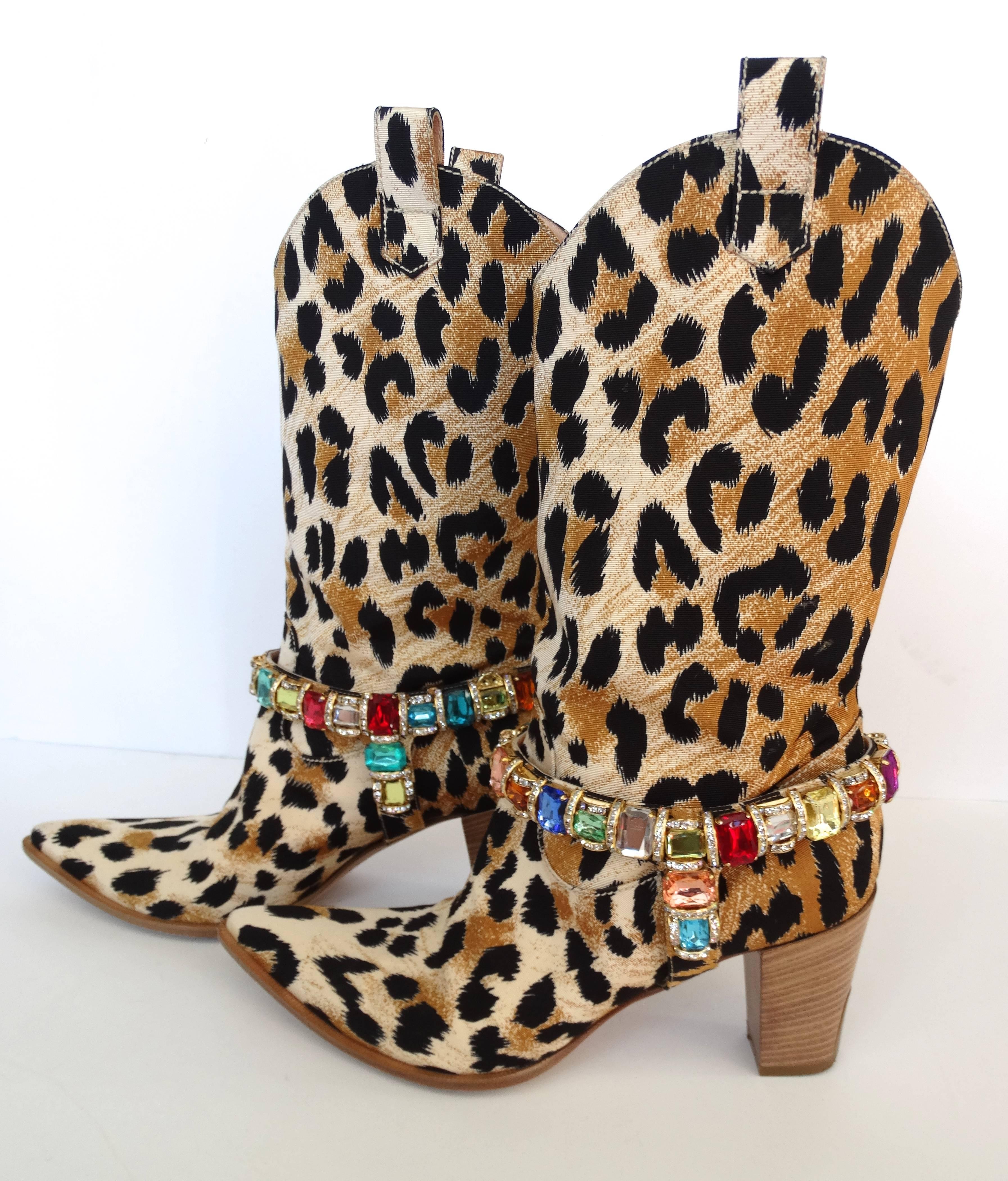 Brown Casadei Leopard Canvas Rhinestone Cowgirl Boots 