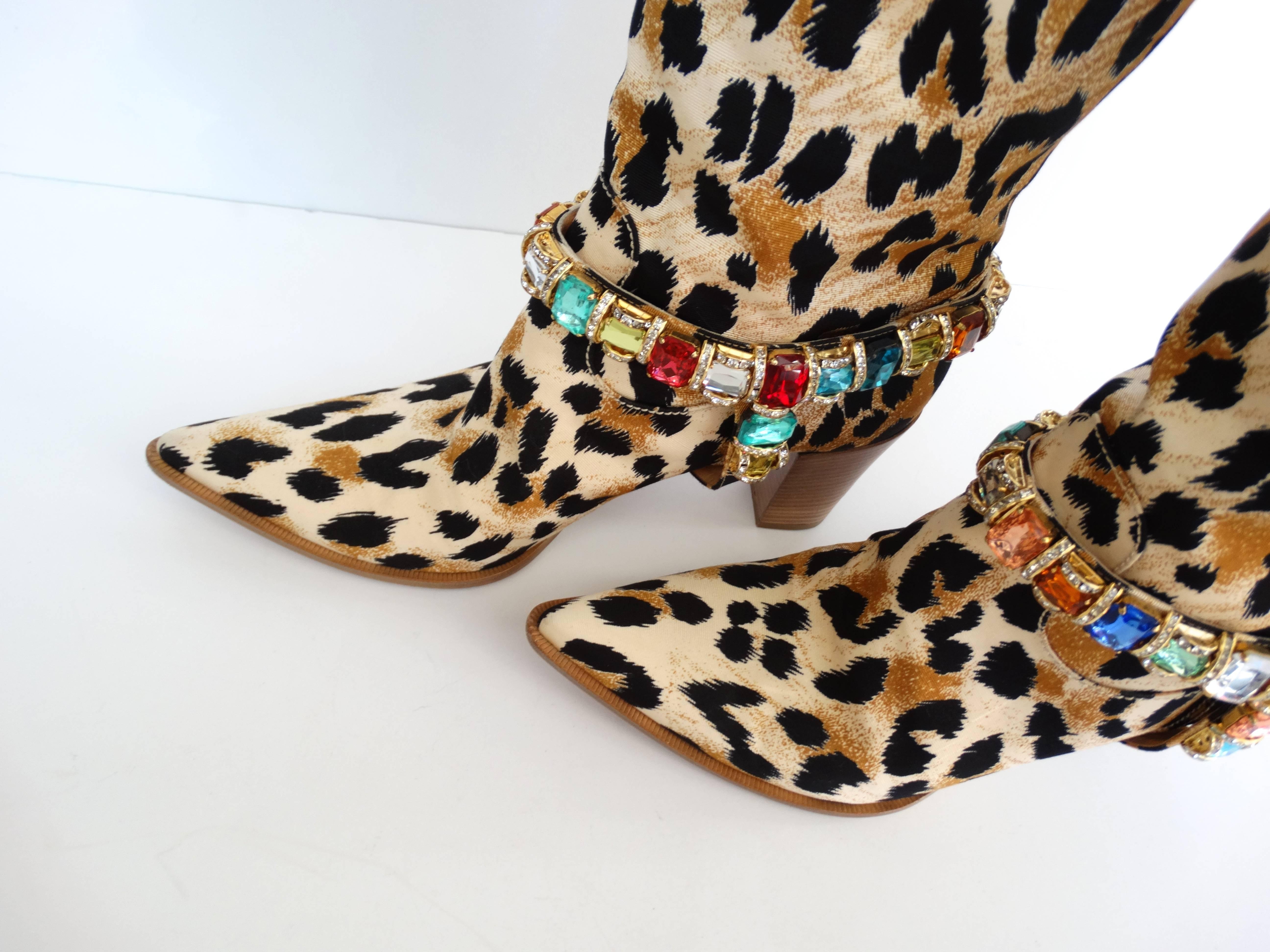Casadei Leopard Canvas Rhinestone Cowgirl Boots  In Excellent Condition In Scottsdale, AZ