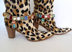 Casadei Leopard Canvas Rhinestone Cowgirl Boots