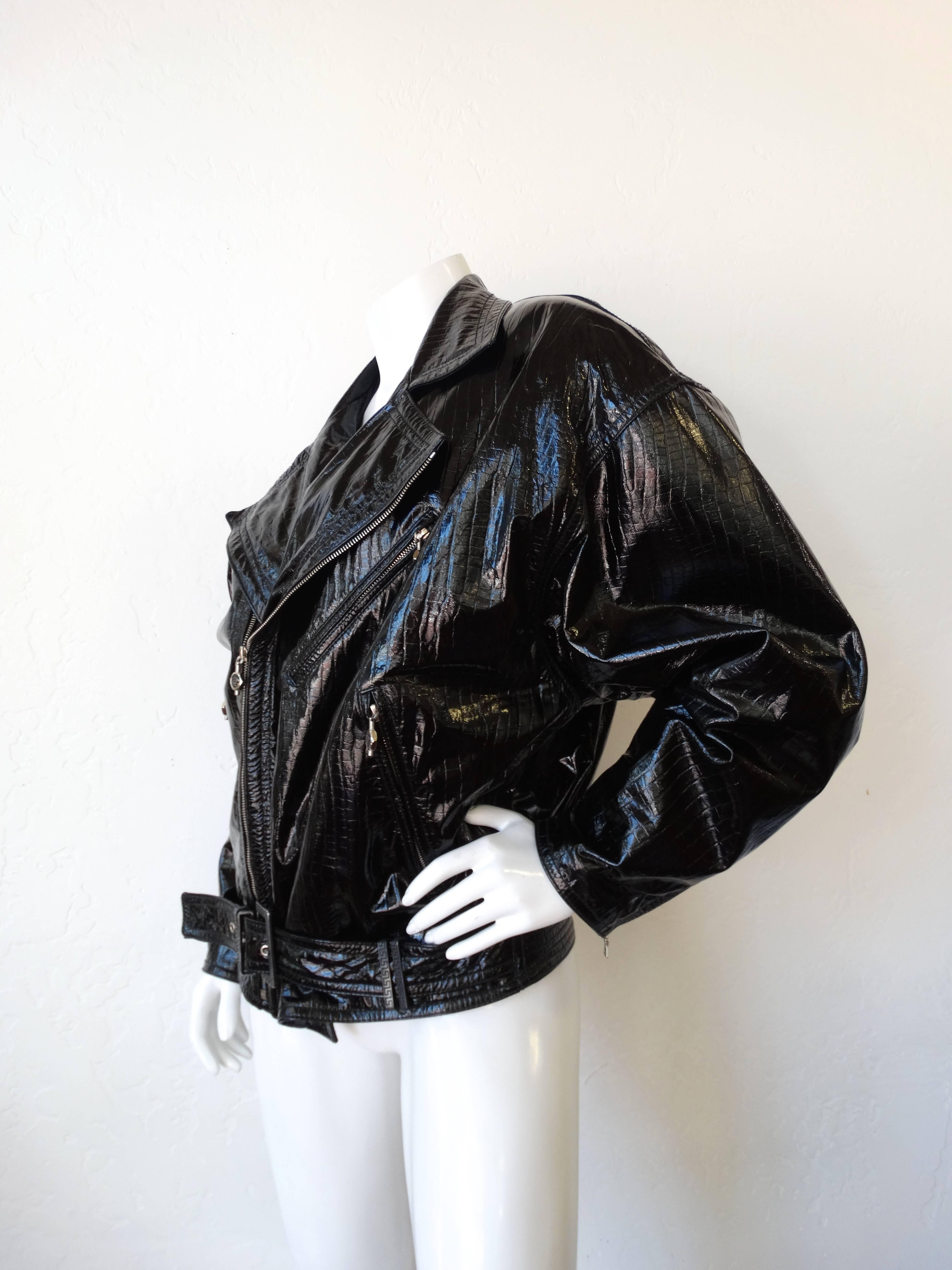 Versace Patent Leather Oversized Motorcycle Jacket, 1980s  In Excellent Condition For Sale In Scottsdale, AZ