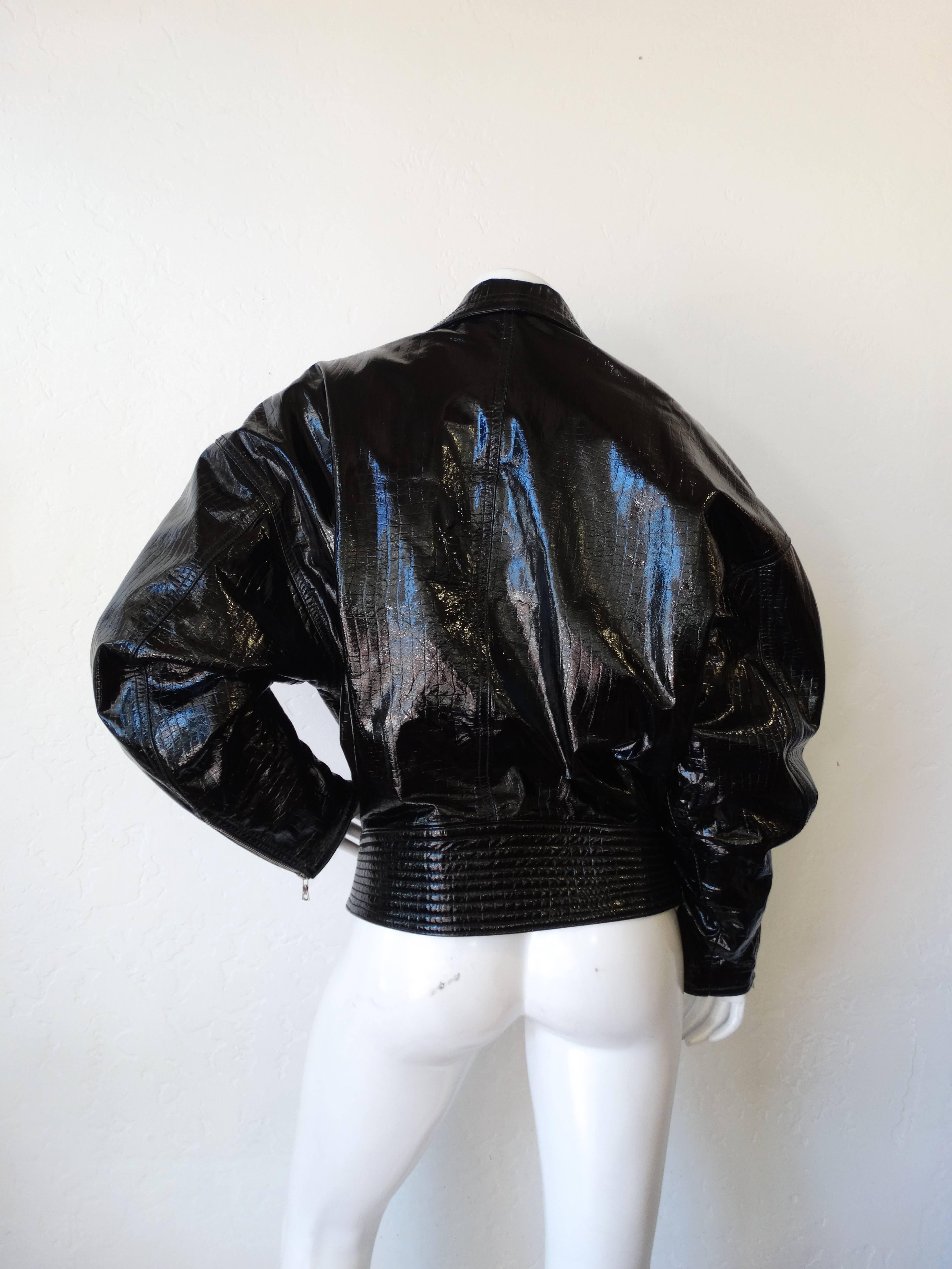 Black Versace Patent Leather Oversized Motorcycle Jacket, 1980s  For Sale
