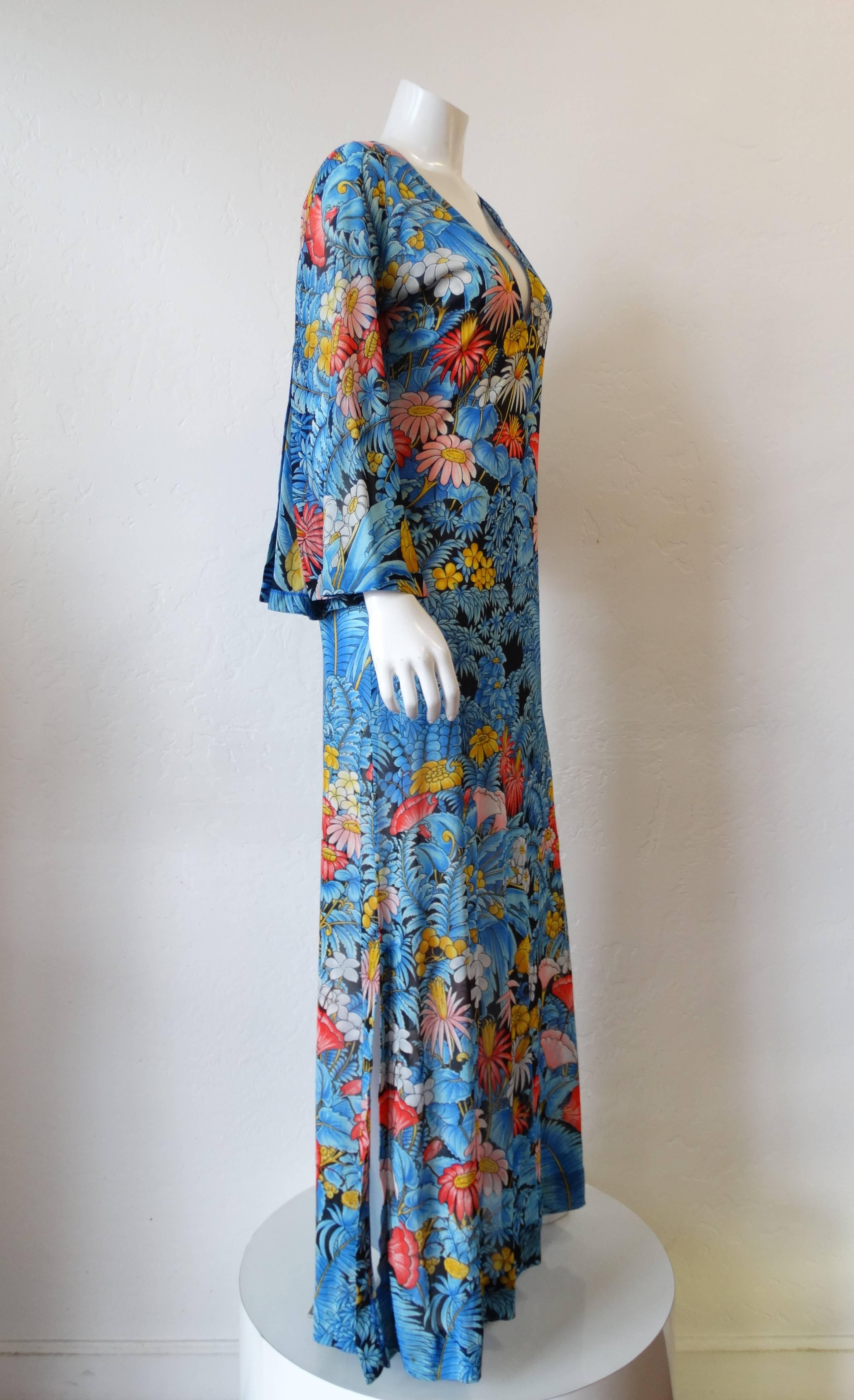 Blue 1970s Floral Printed Gottex Maxi Dress 