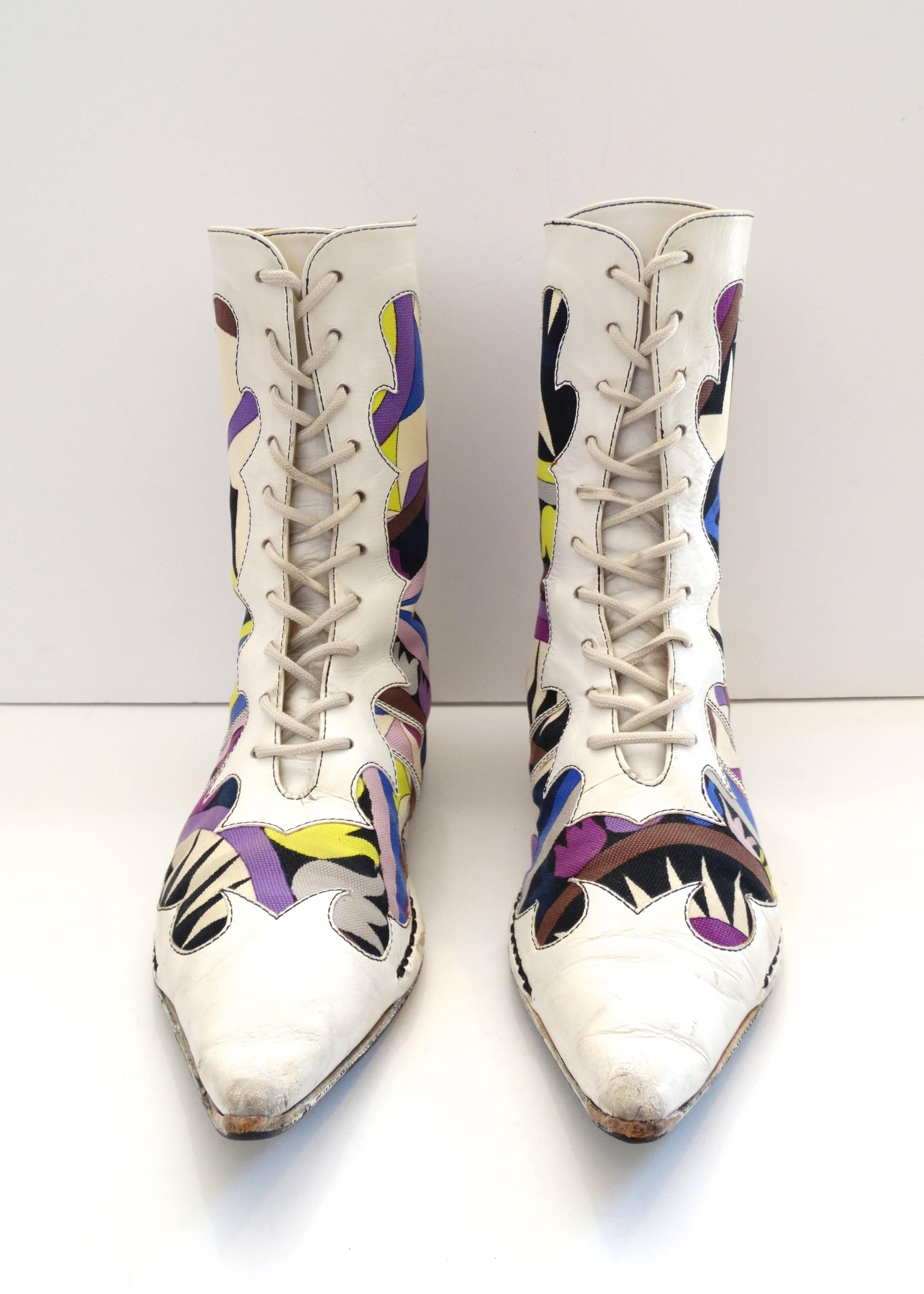 Beige Emilio Pucci Printed Pointy Lace Up Boots, 1960s 