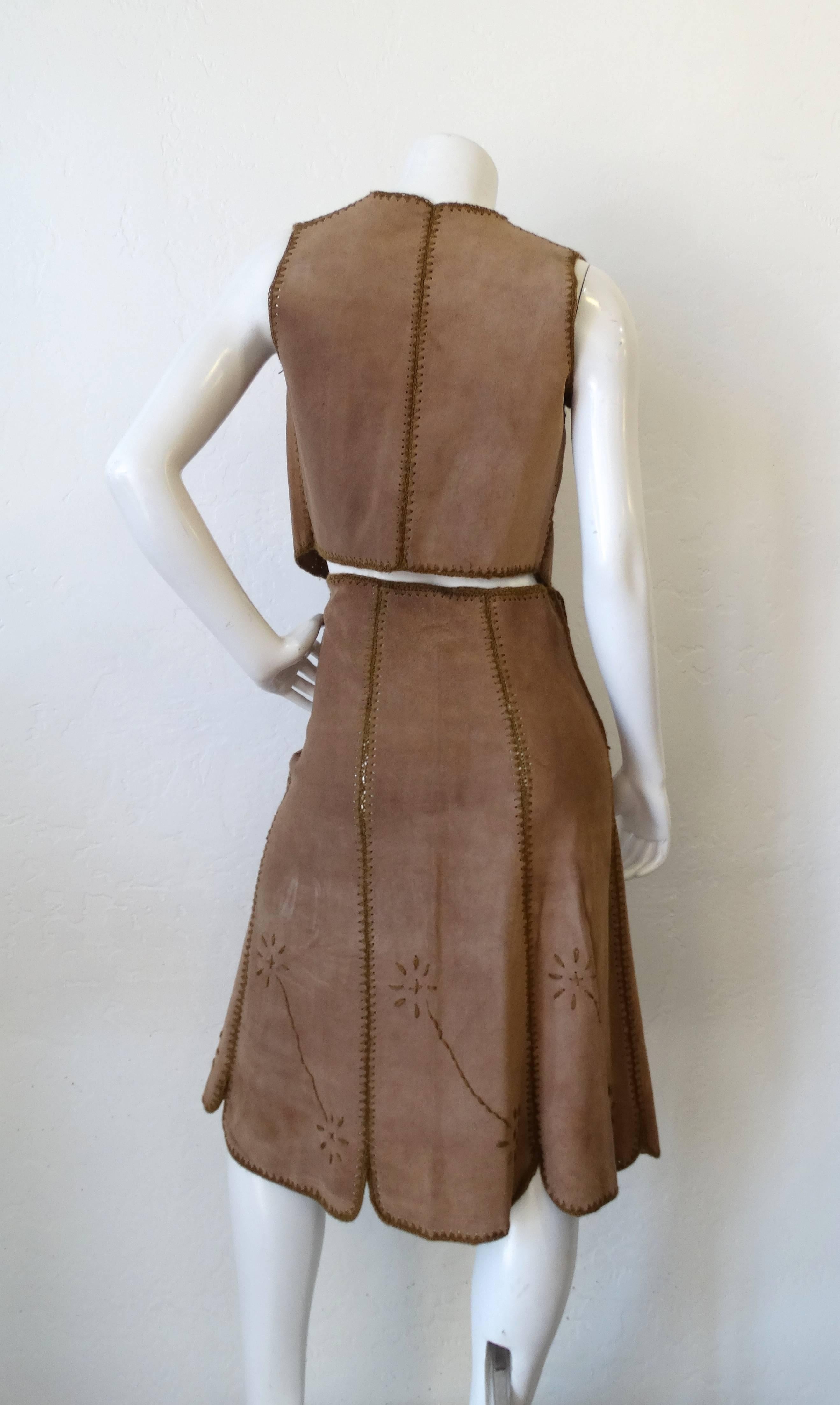 Brown 1960s Tan Suede Embroidered Vest & Skirt Set 