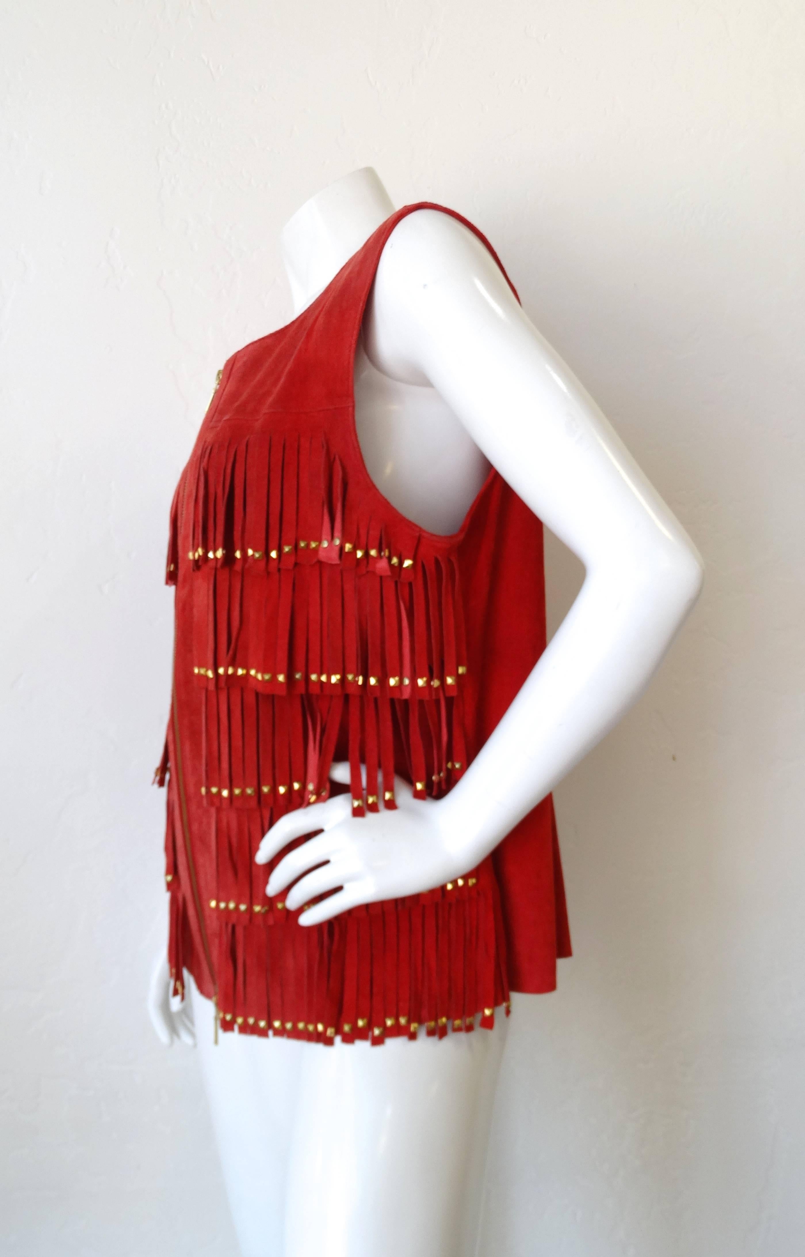 Women's 1990s Zip Up Red Suede Studded Fringe Vest