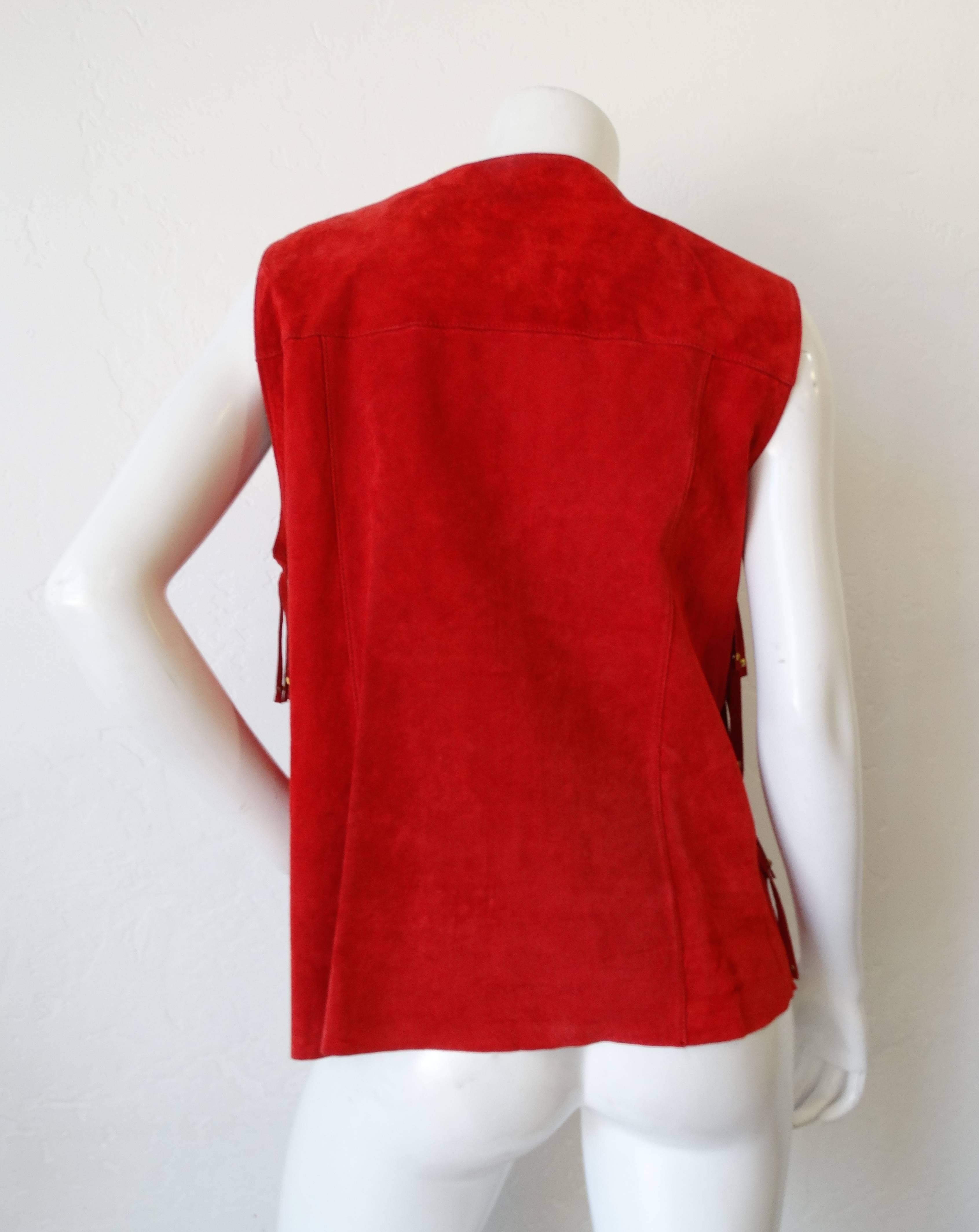 1990s Zip Up Red Suede Studded Fringe Vest In Excellent Condition In Scottsdale, AZ