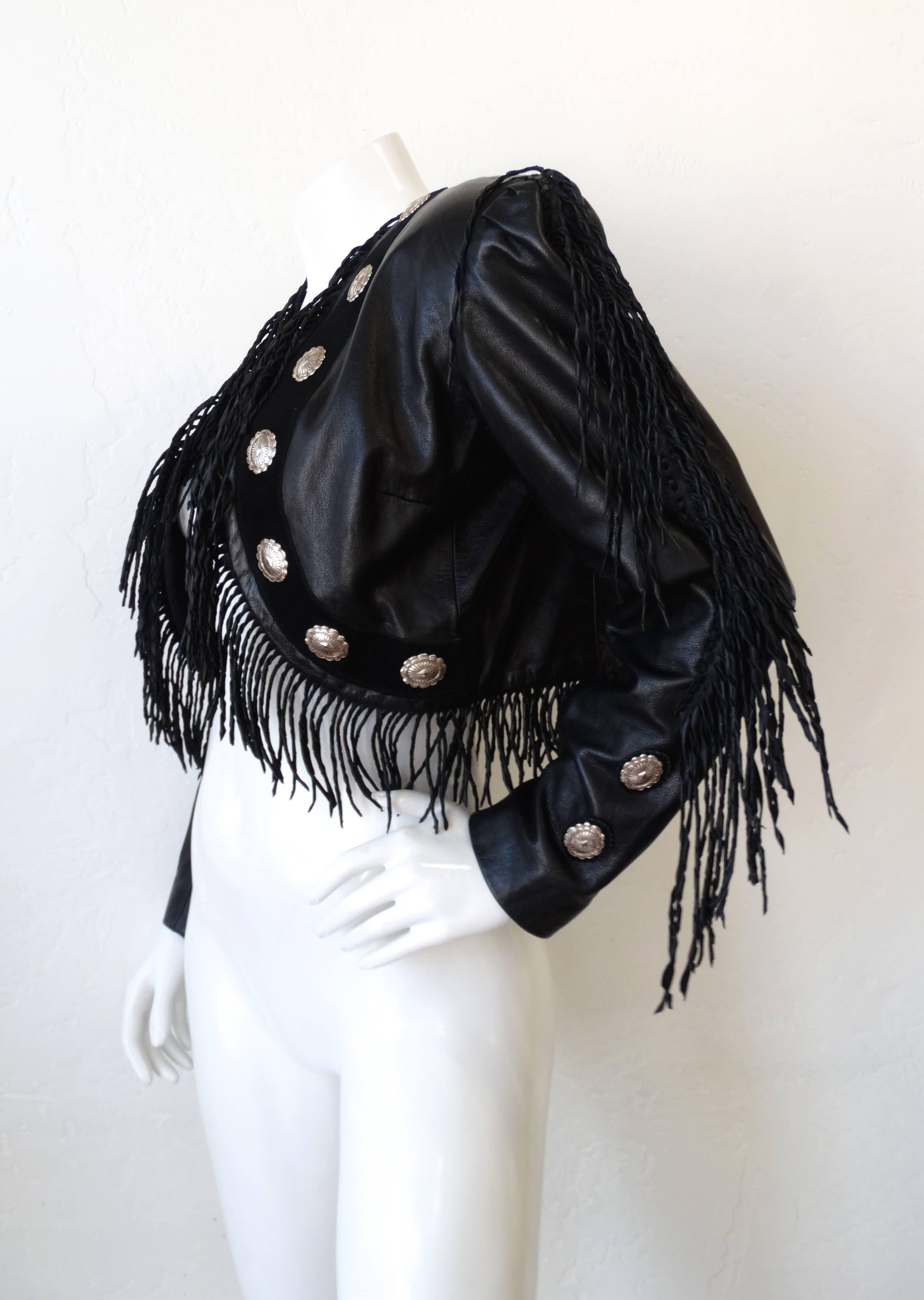 Women's or Men's 1980s Western Black Leather Fringe Jacket