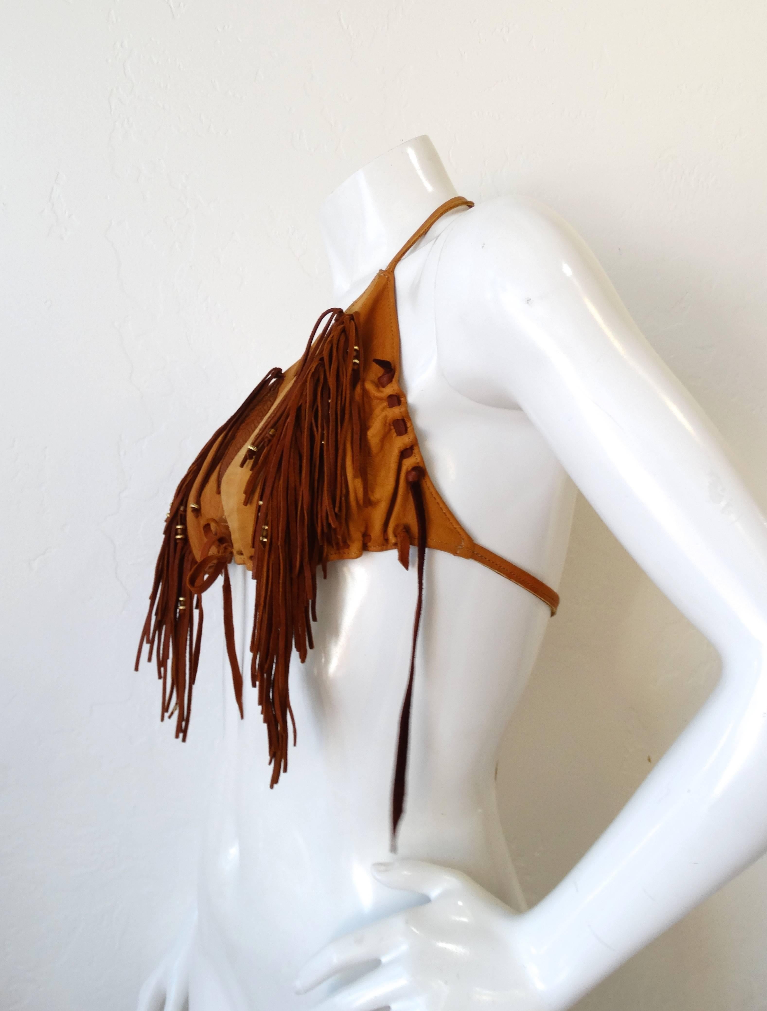 Brown Western Fringe Leather and Tan Suede Bikini Top