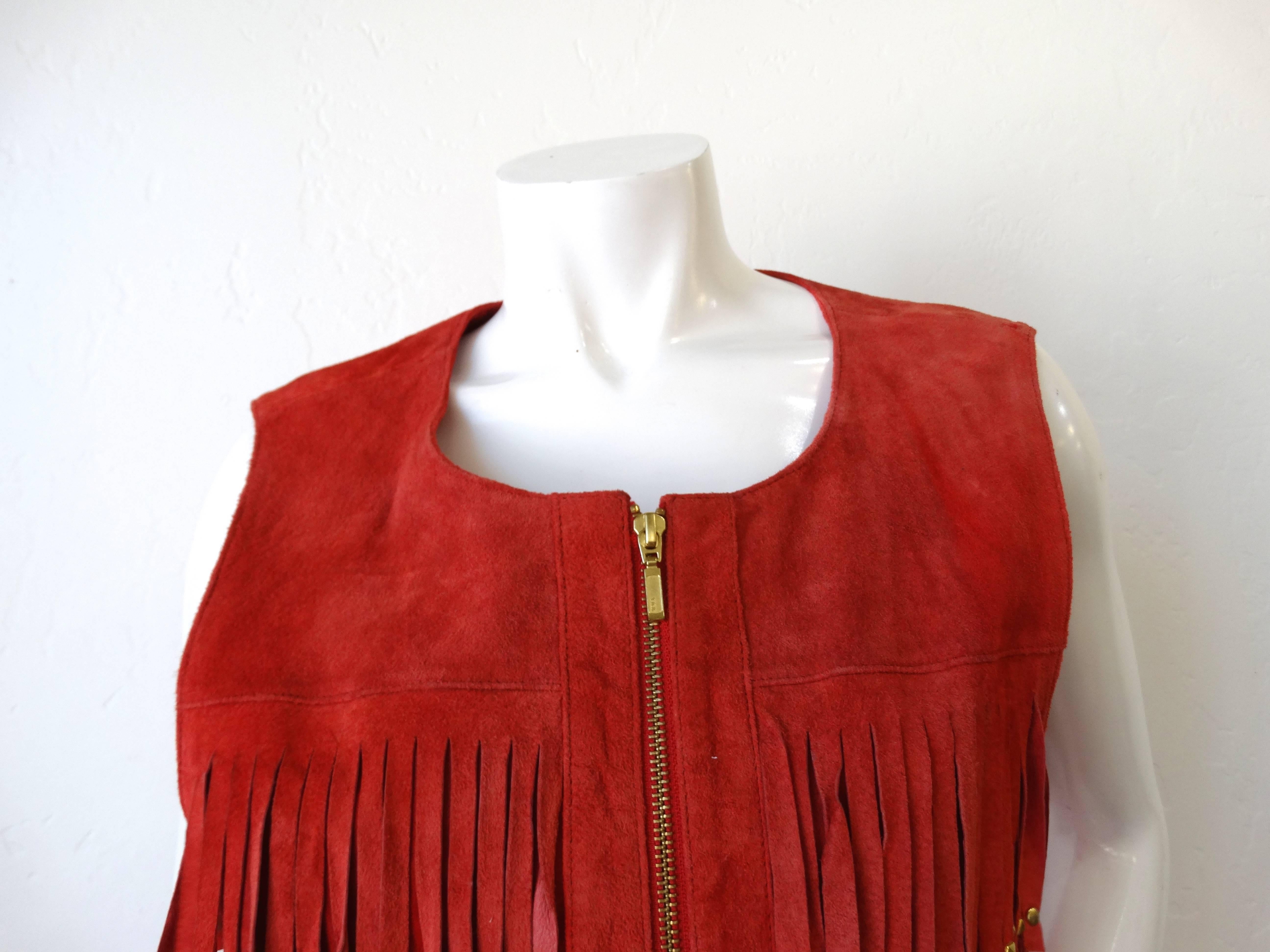 1990s Zip Up Red Suede Studded Fringe Vest 2