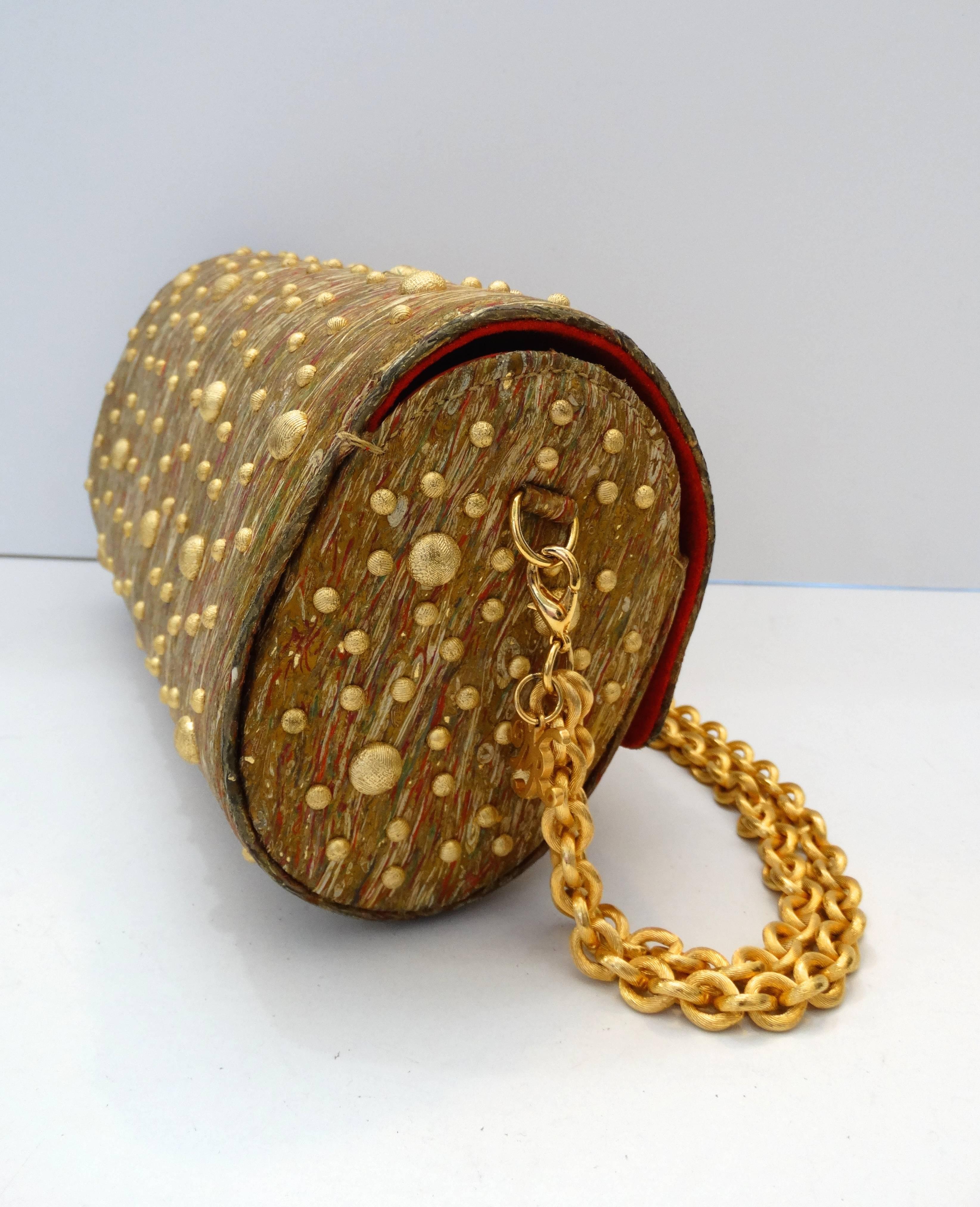1980s Studded Gold Marble Painted Evening Bag In Excellent Condition In Scottsdale, AZ