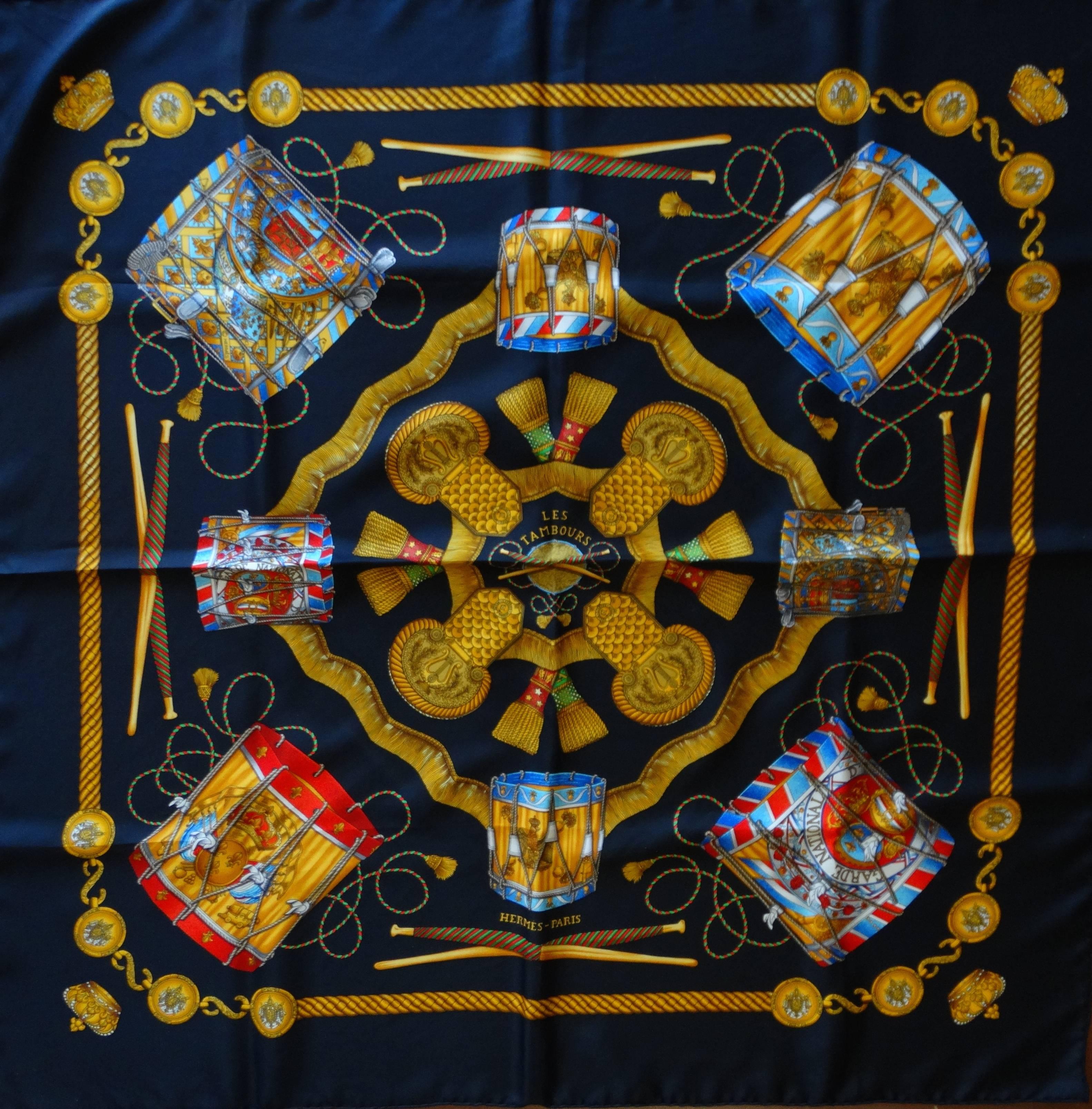 1997 Hermes Black & Gold Les Tambours Printed Scarf  3