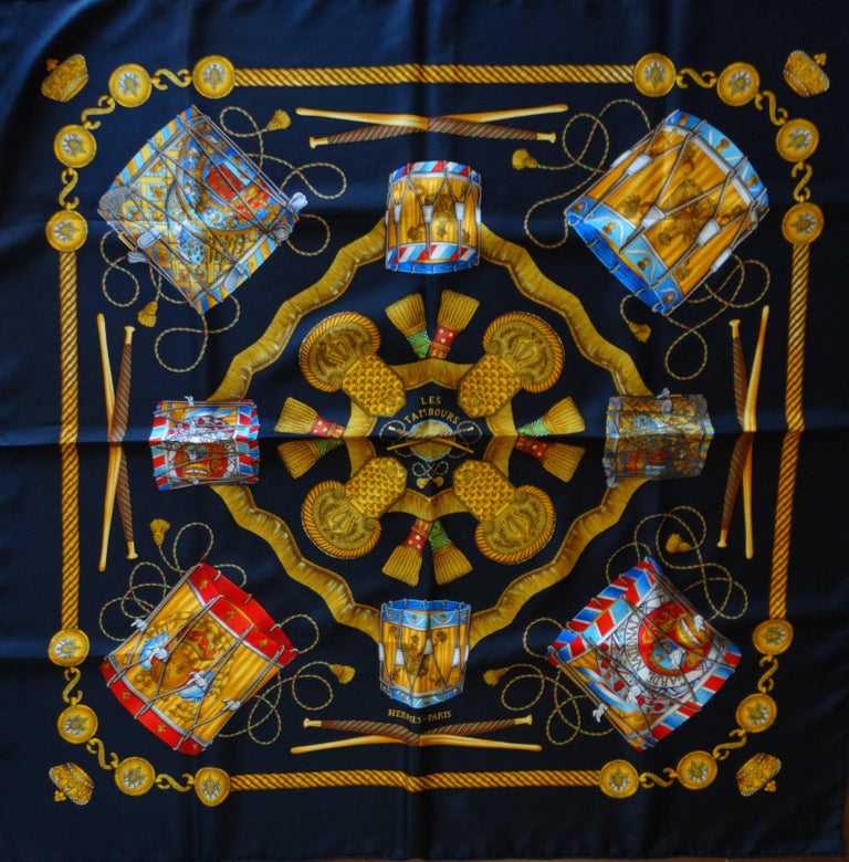1997 Hermes Black and Gold Les Tambours Printed Scarf at 1stdibs