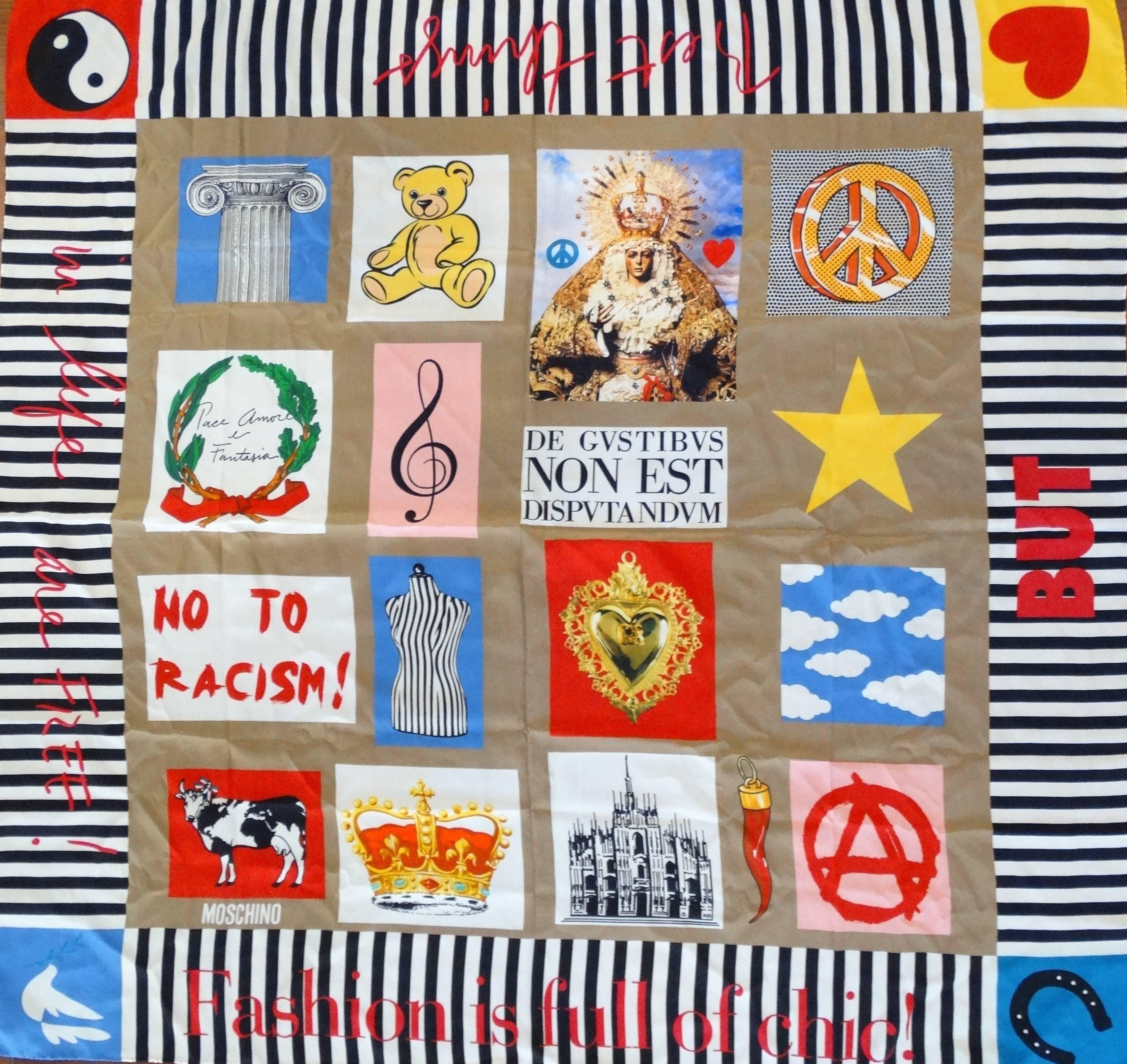 Make a statement with out 1990s Moschino silk scarf! Amazing pop art print- striped trim with horseshoes, hearts, ying yangs and doves. Central print featuring a cow, the anarchy symbol and No to Racism! Red text along the stripes reads Fashion is