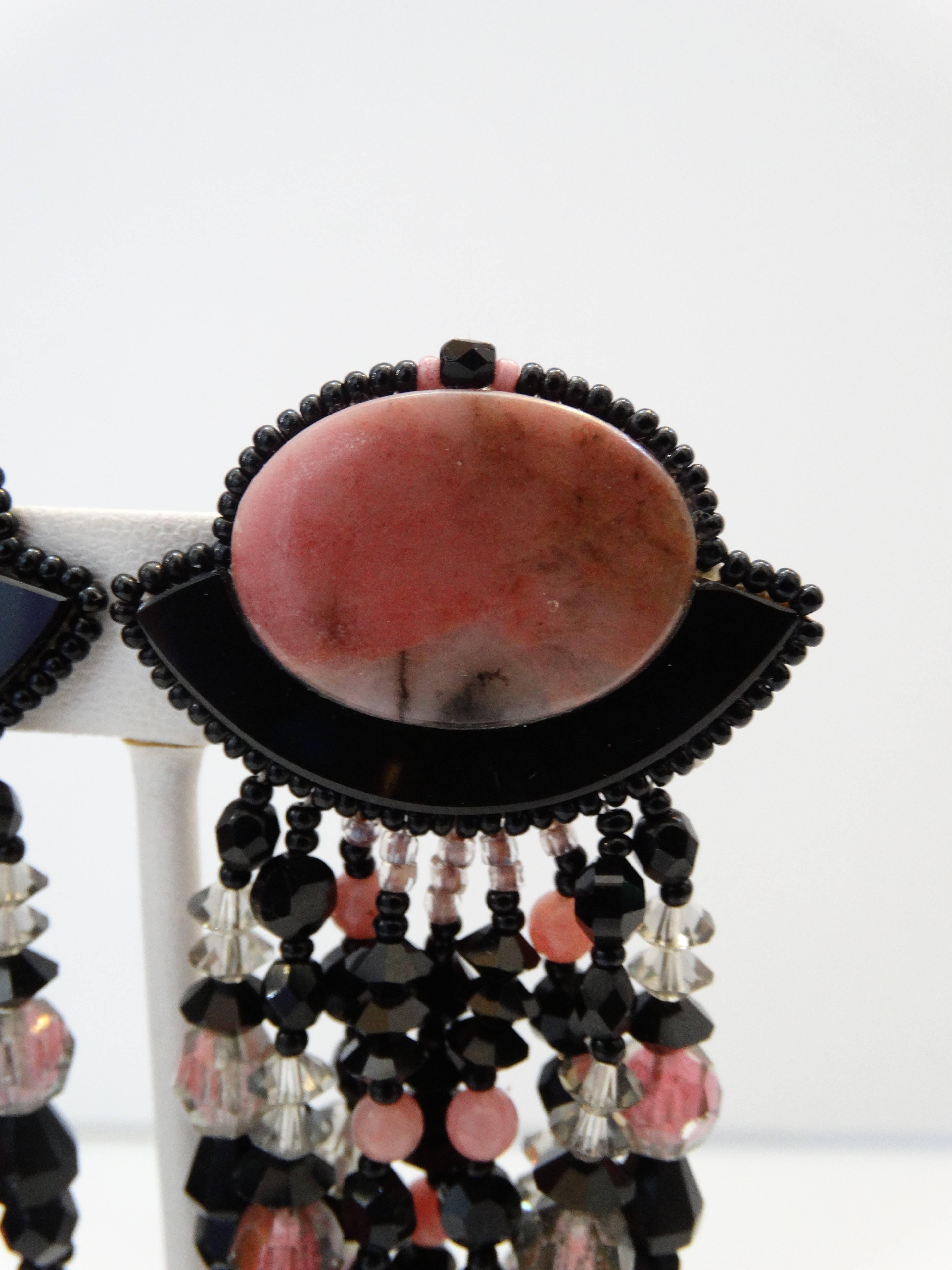 Women's 1980s Western Inspired Black & Pink Marble Dangle Earrings  For Sale