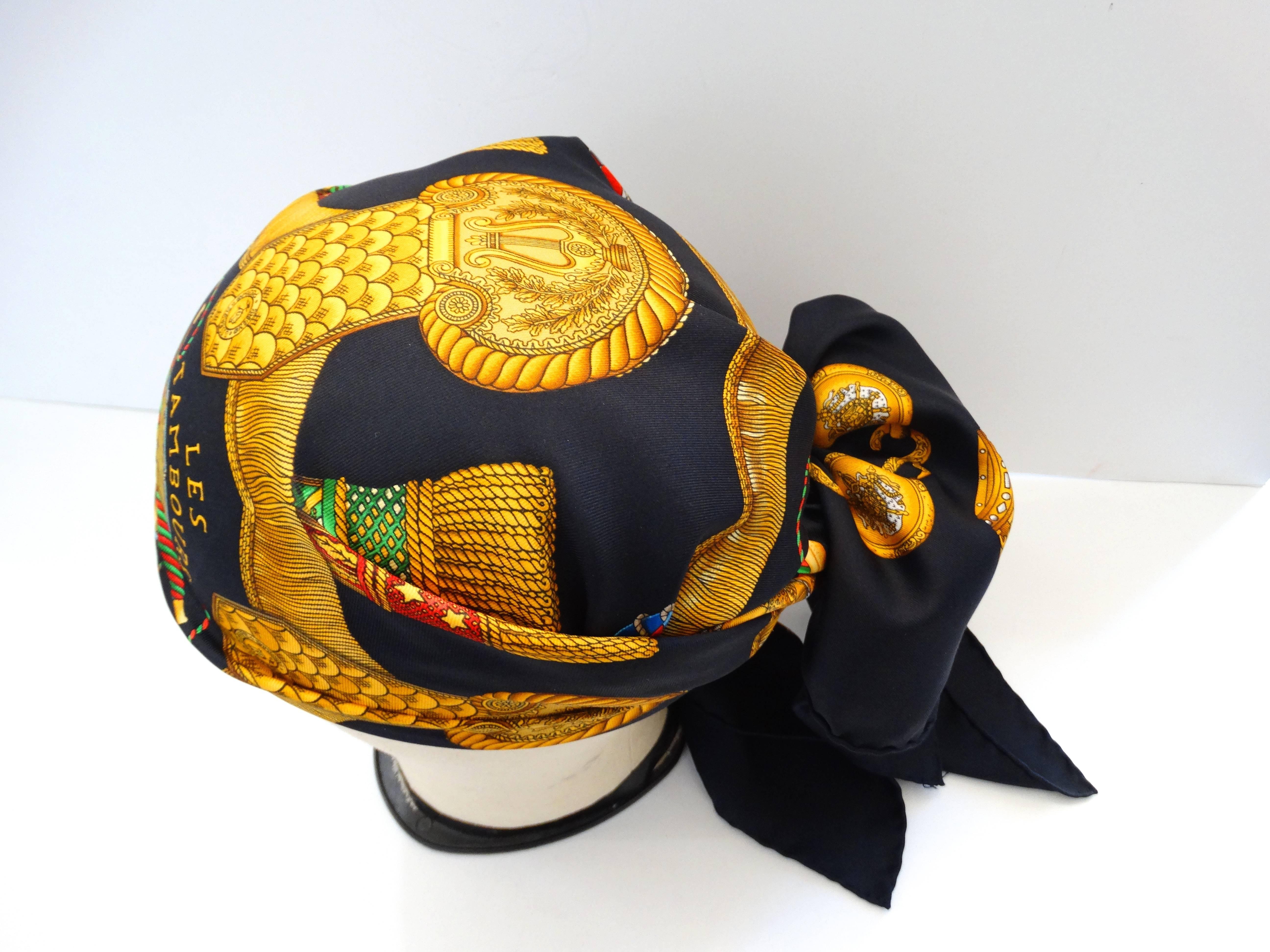 1997 Hermes Black & Gold Les Tambours Printed Scarf  In Excellent Condition In Scottsdale, AZ