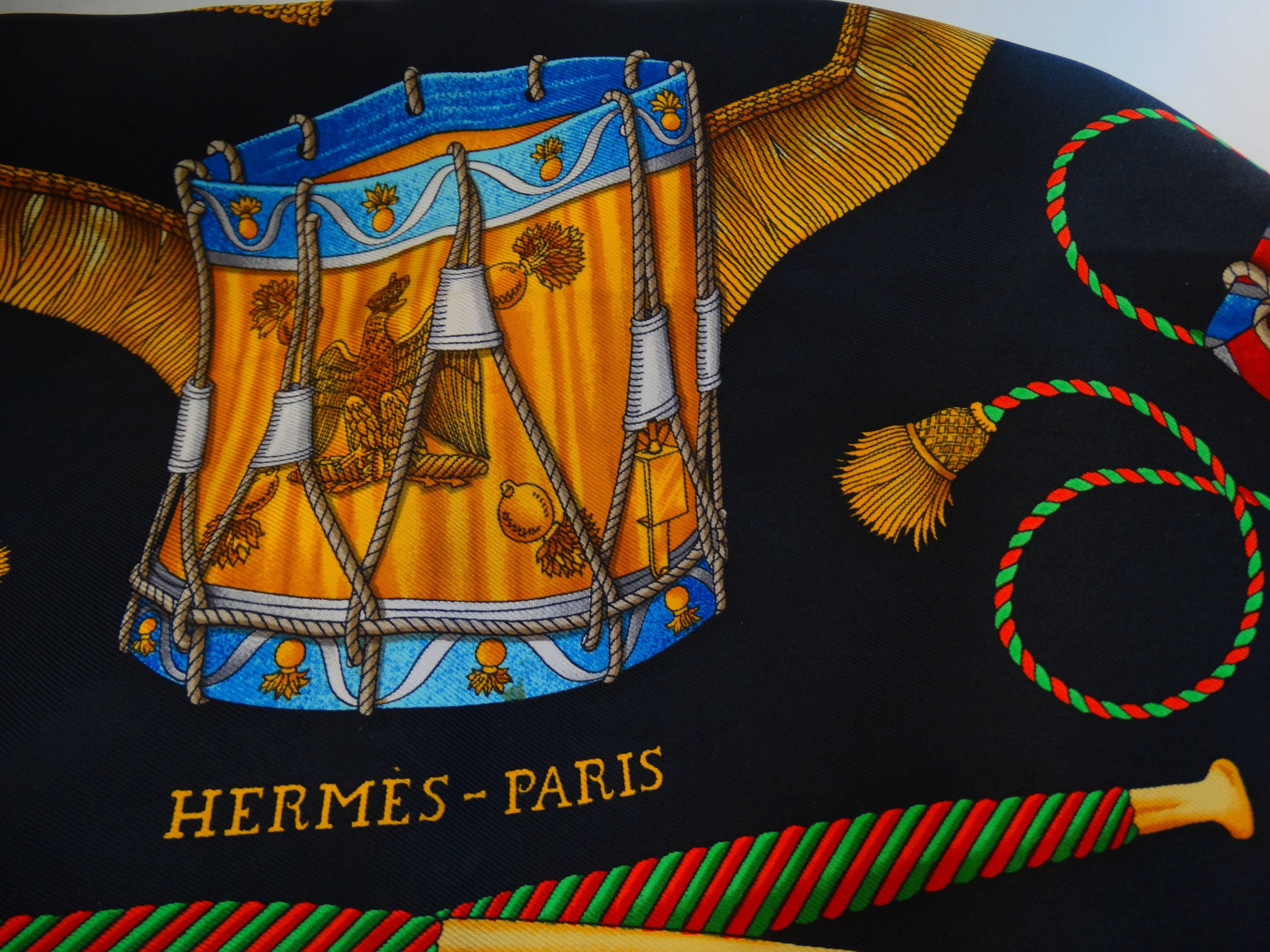 1997 Hermes Black & Gold Les Tambours Printed Scarf  4