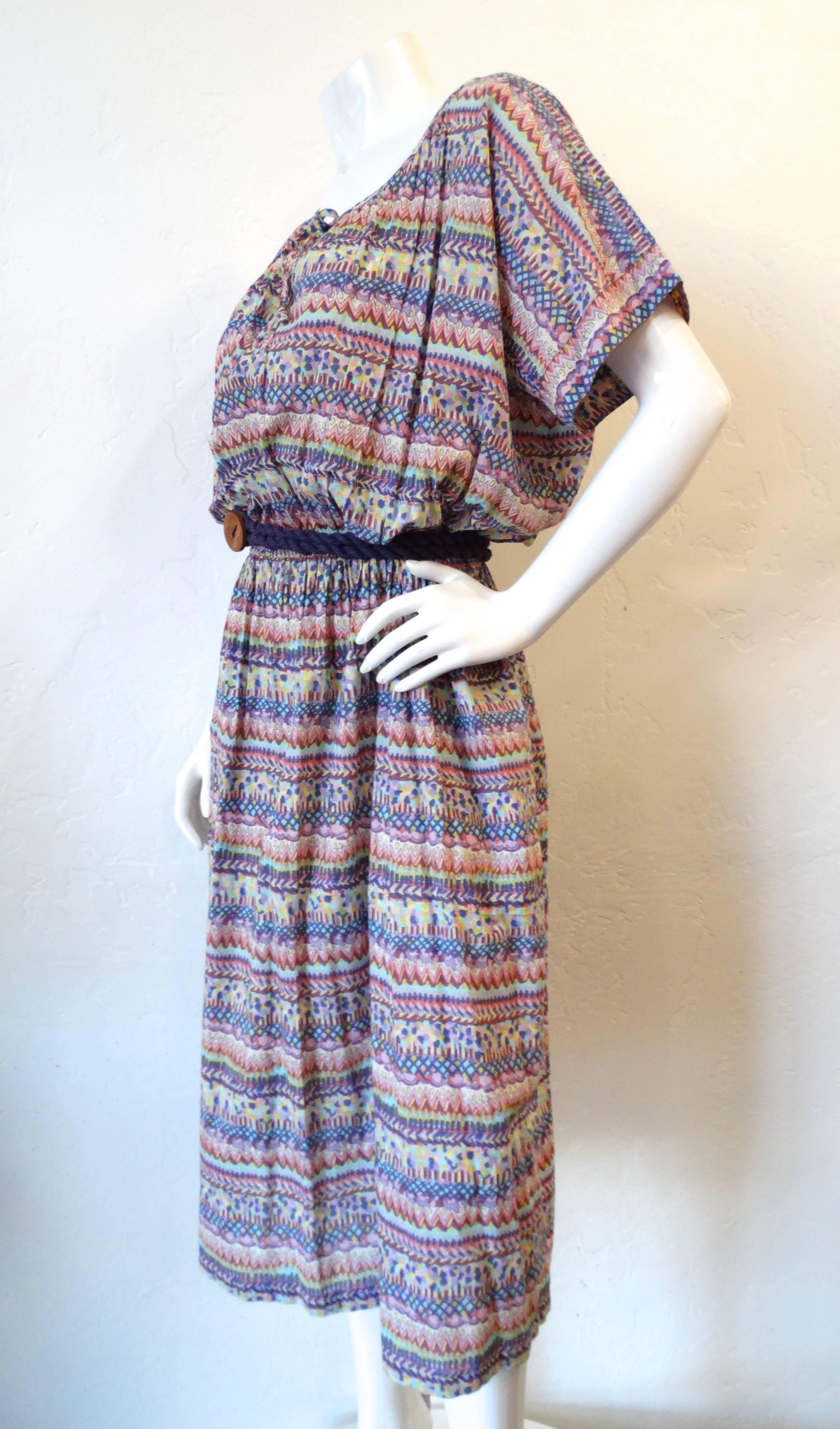 1970s Missoni for Bloomingdales Printed Belted Peasant Dress  In Excellent Condition In Scottsdale, AZ