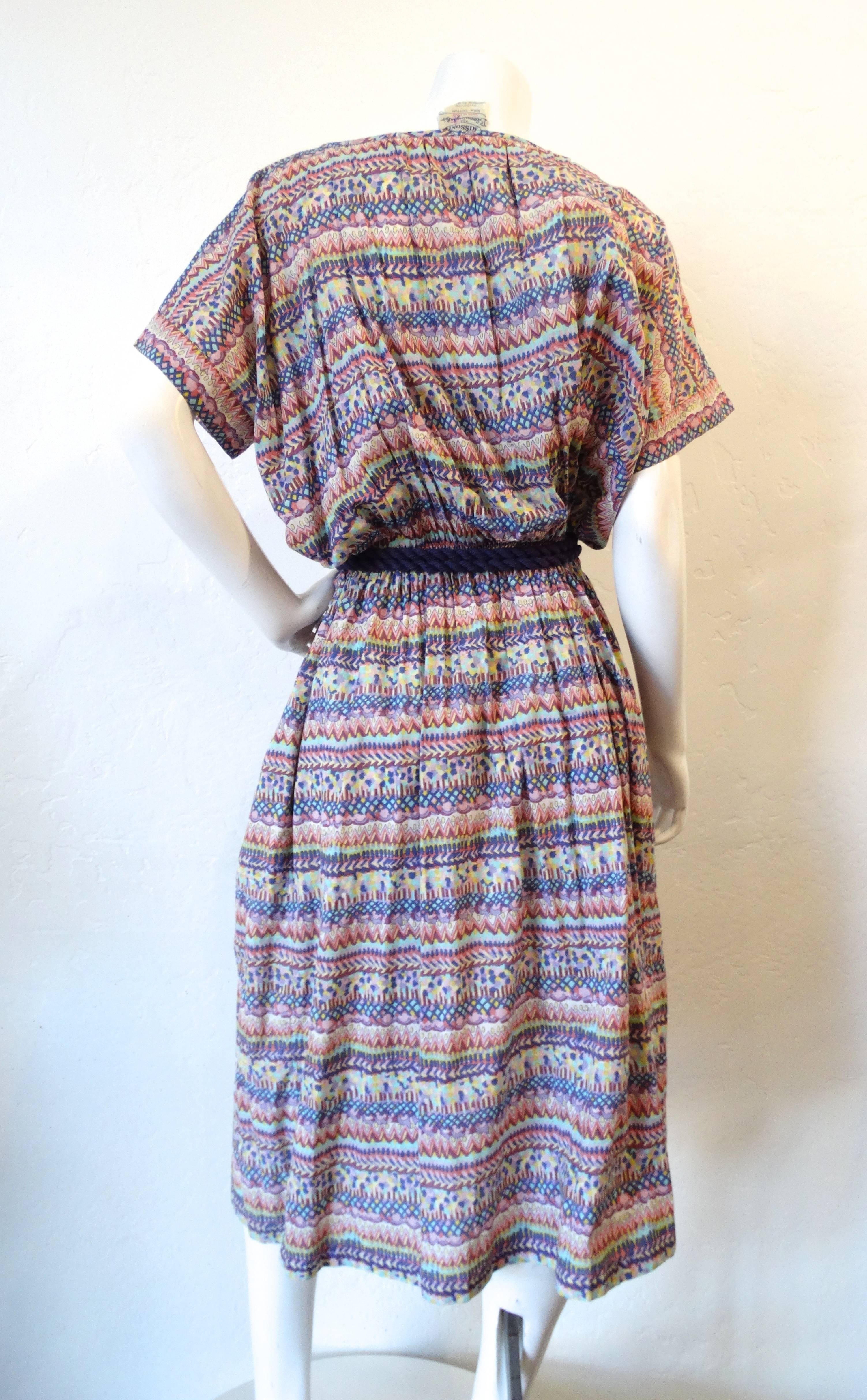 Gray 1970s Missoni for Bloomingdales Printed Belted Peasant Dress 