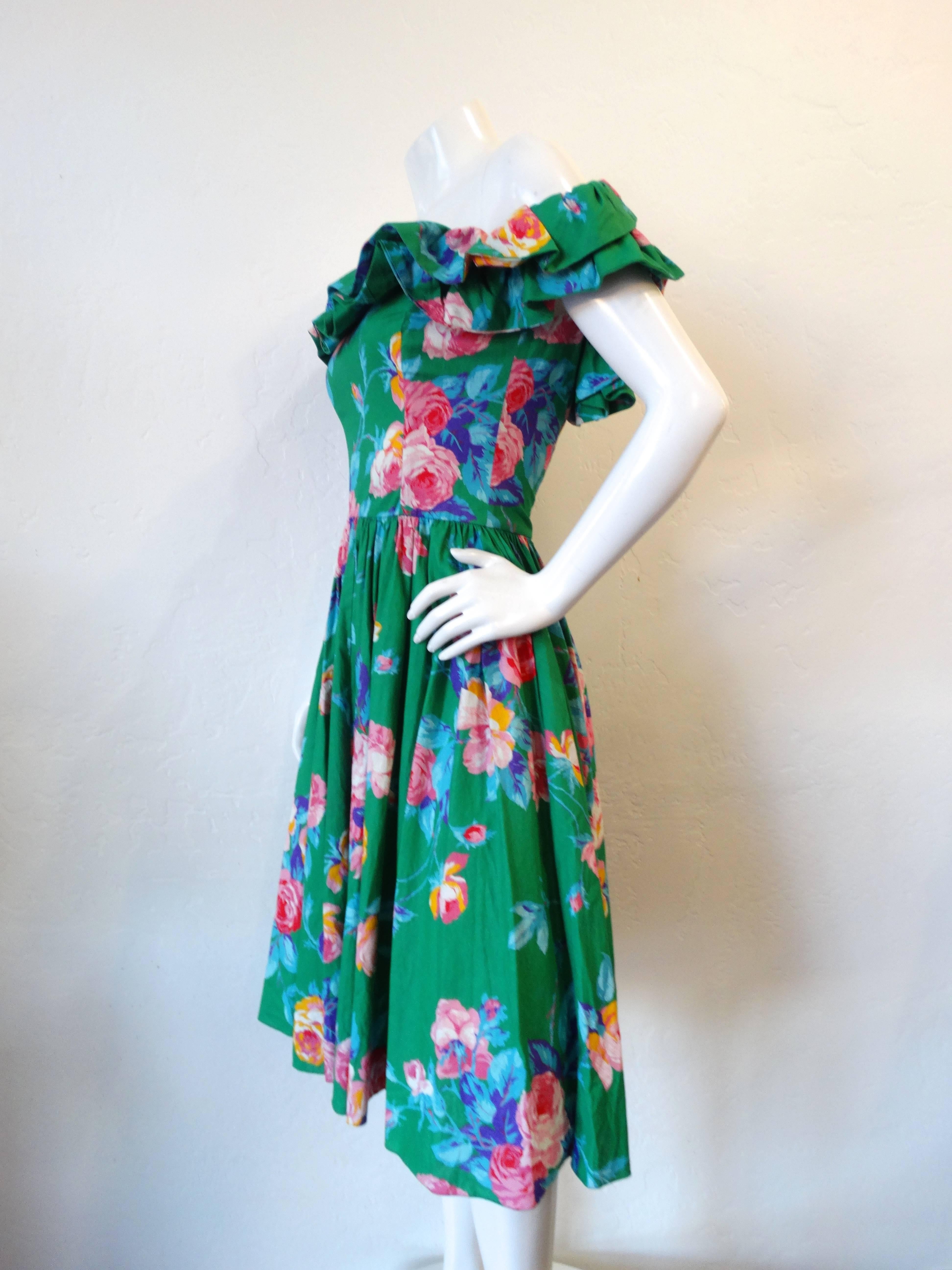 1980s S.G. Gilbert Ruffle Floral Off The Shoulder Dress  In Excellent Condition In Scottsdale, AZ