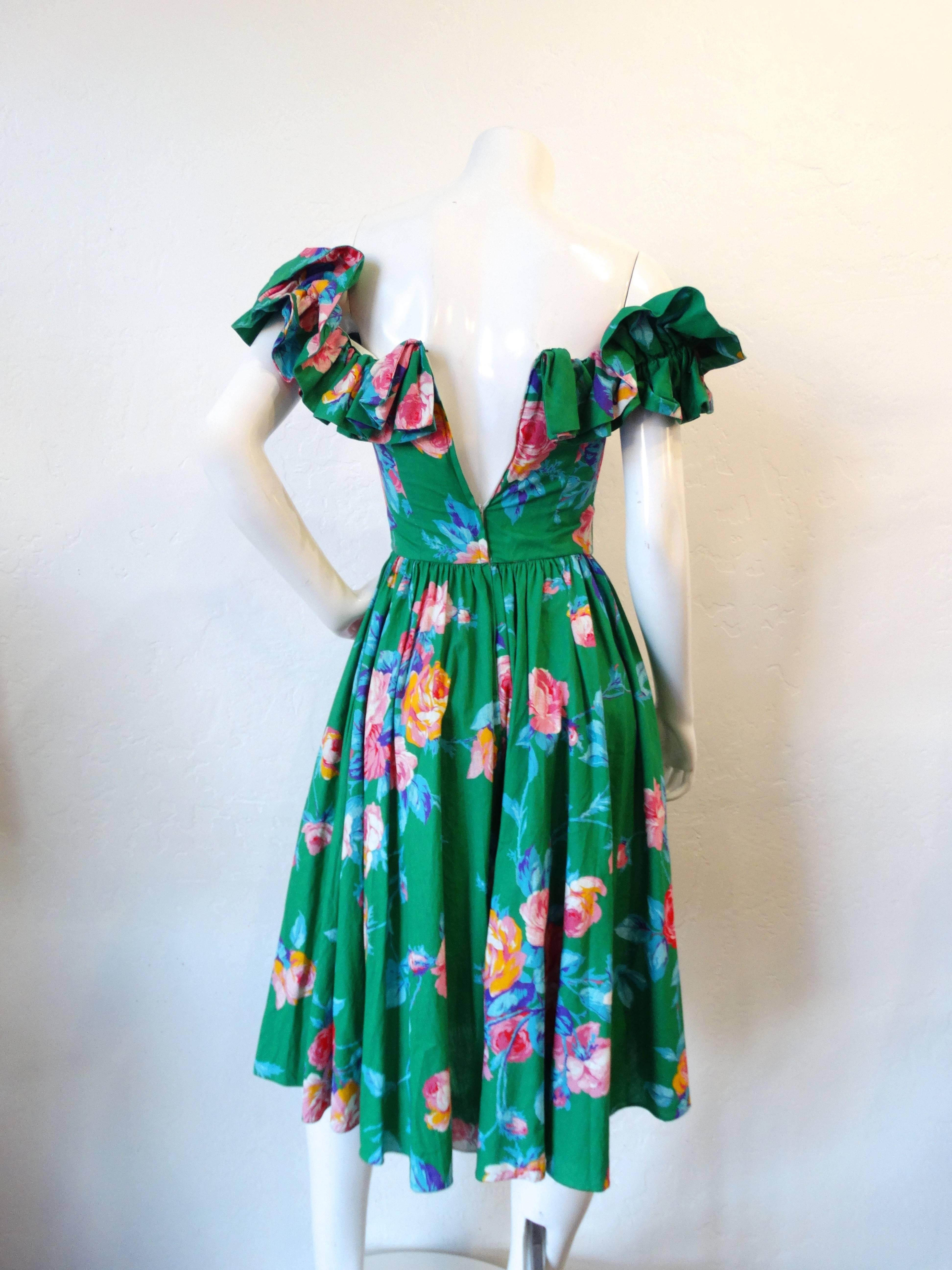 Women's 1980s S.G. Gilbert Ruffle Floral Off The Shoulder Dress 
