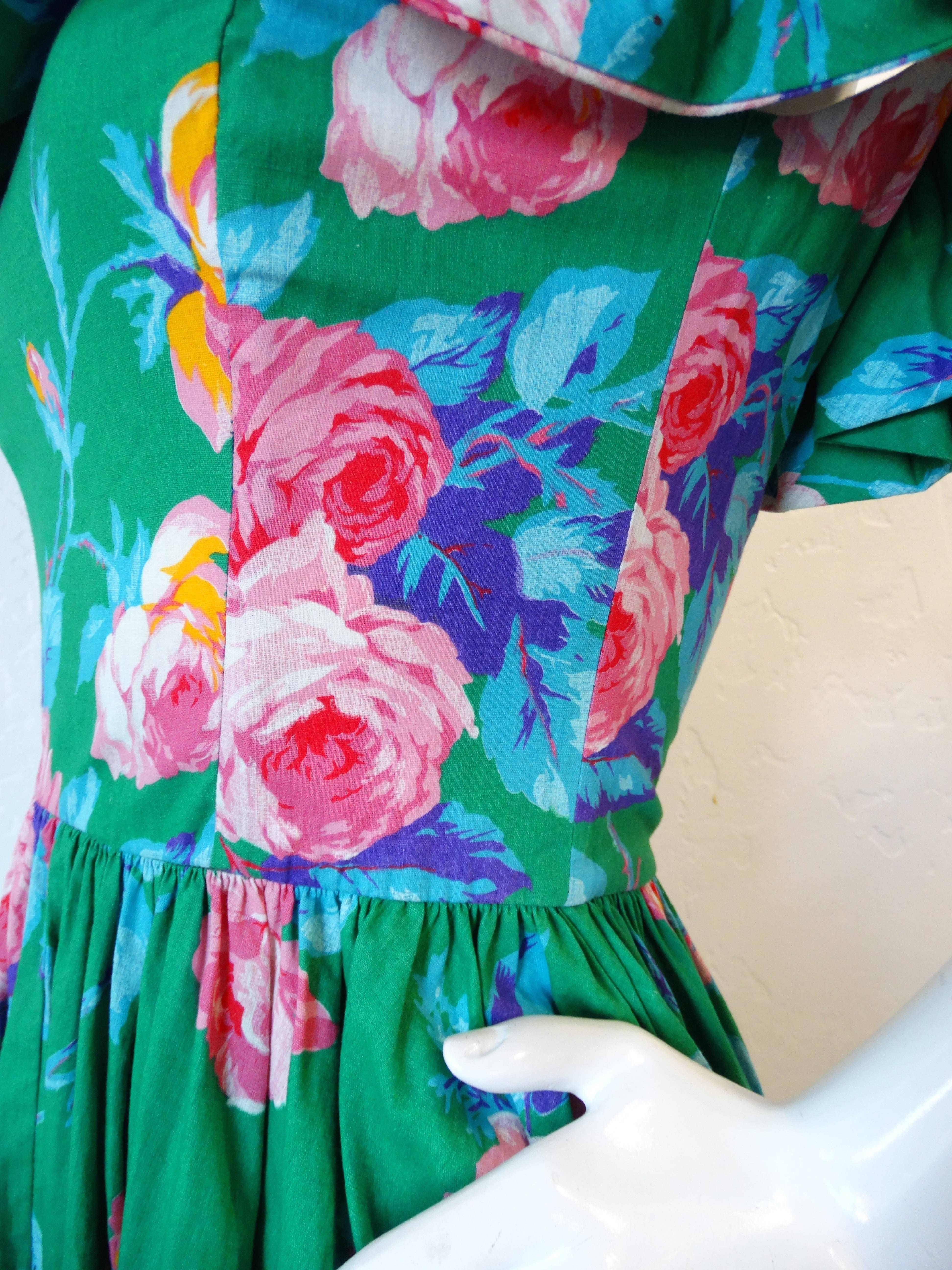 Blue 1980s S.G. Gilbert Ruffle Floral Off The Shoulder Dress 