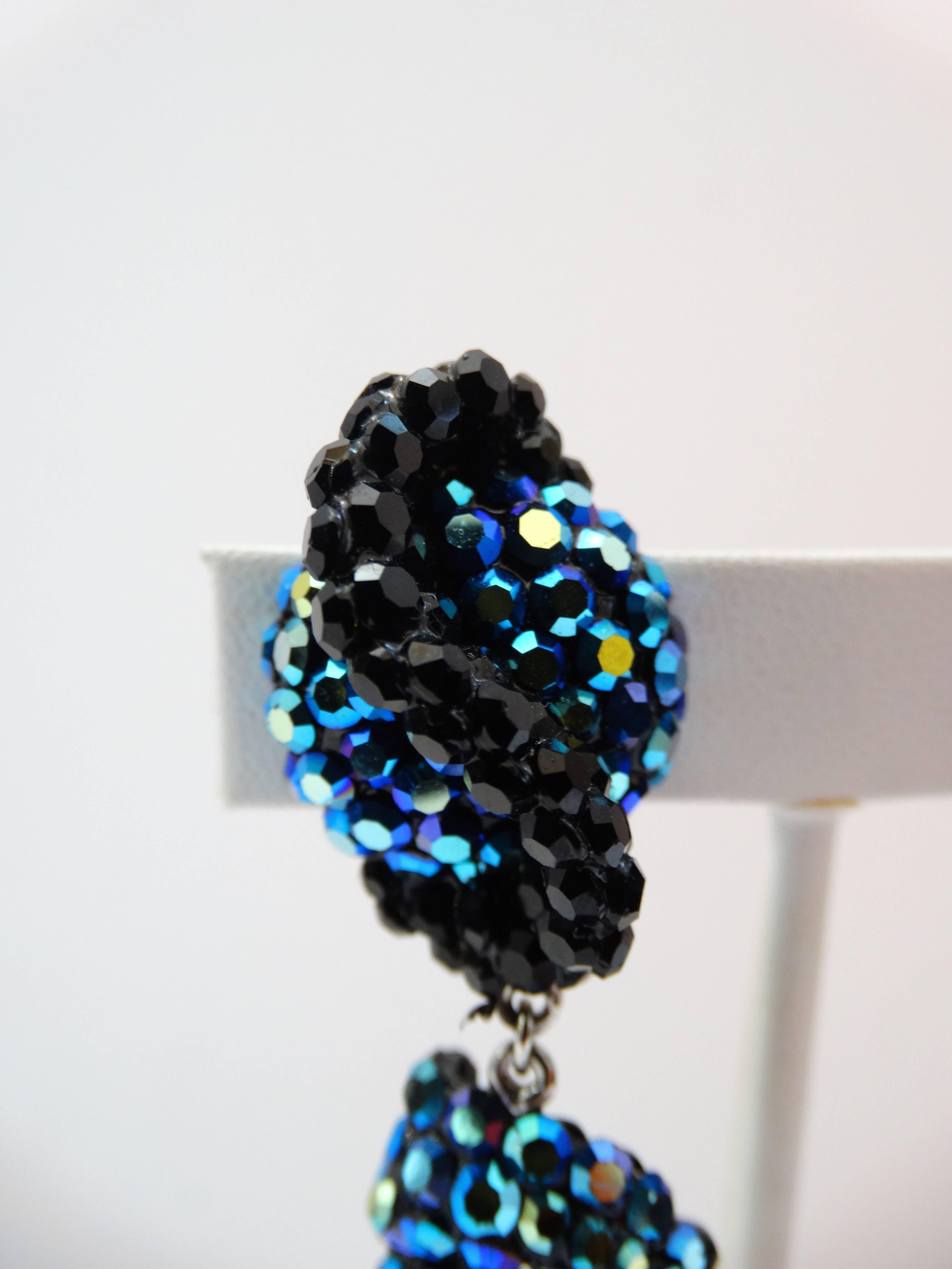 Abstract Blue & Black Rhinestone Dangle Earrings  In Excellent Condition In Scottsdale, AZ