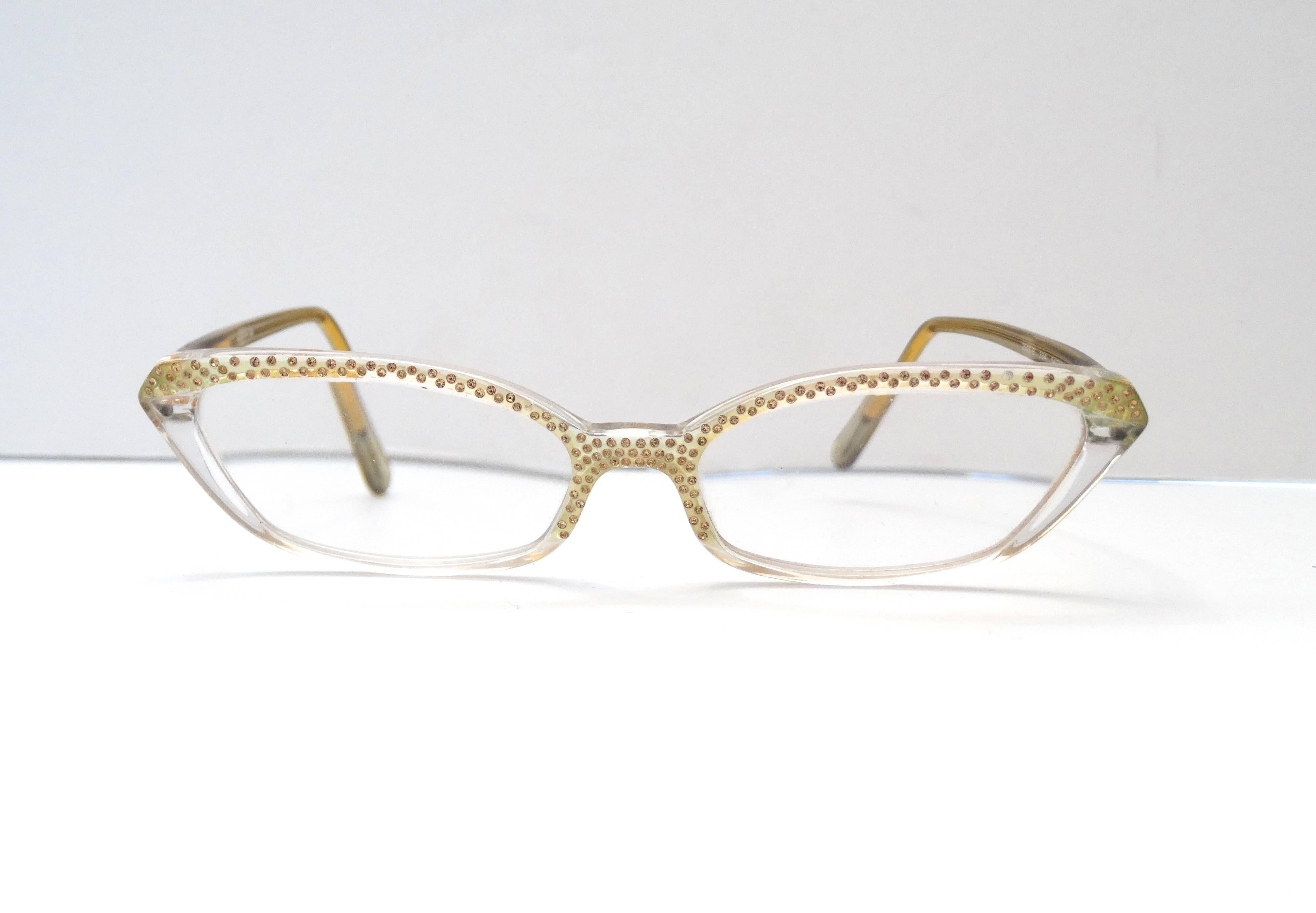 1950s Style Salvatore Ferragamo Gold Rhinestone Cat Eye Glasses  In Excellent Condition In Scottsdale, AZ