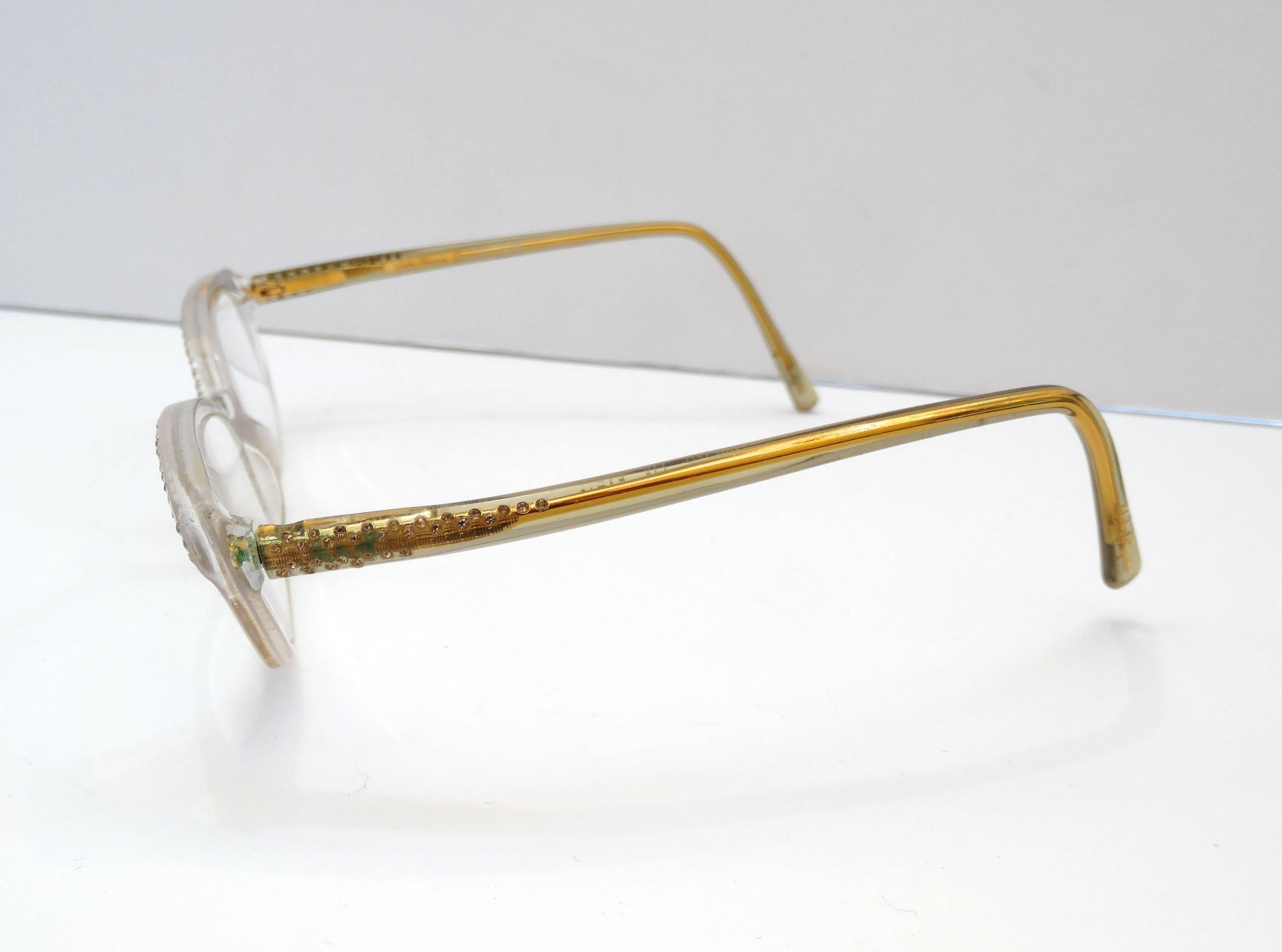 Women's 1950s Style Salvatore Ferragamo Gold Rhinestone Cat Eye Glasses 