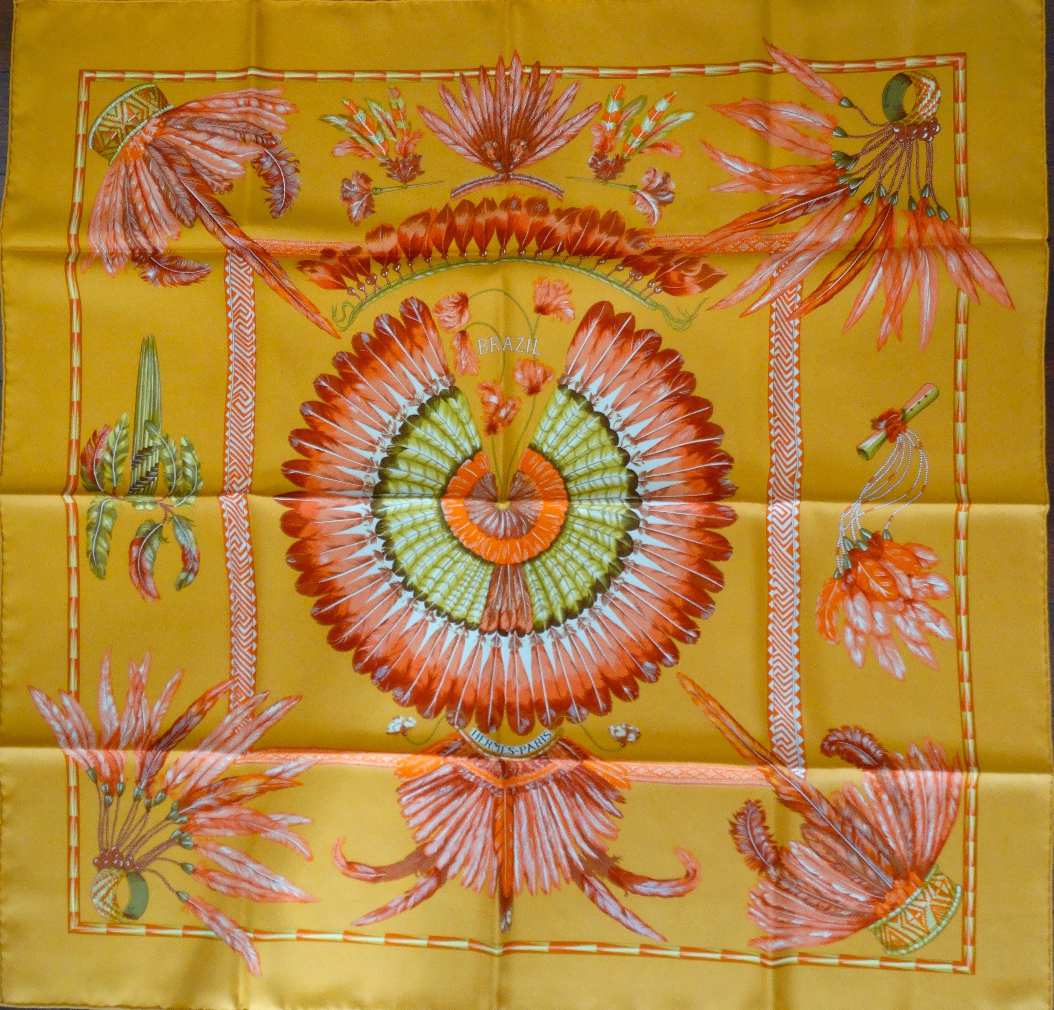 Orange Hermes Brazil Printed Silk Square Scarf 