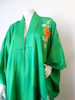 Vintage Japanese Green Floral Printed Kimono