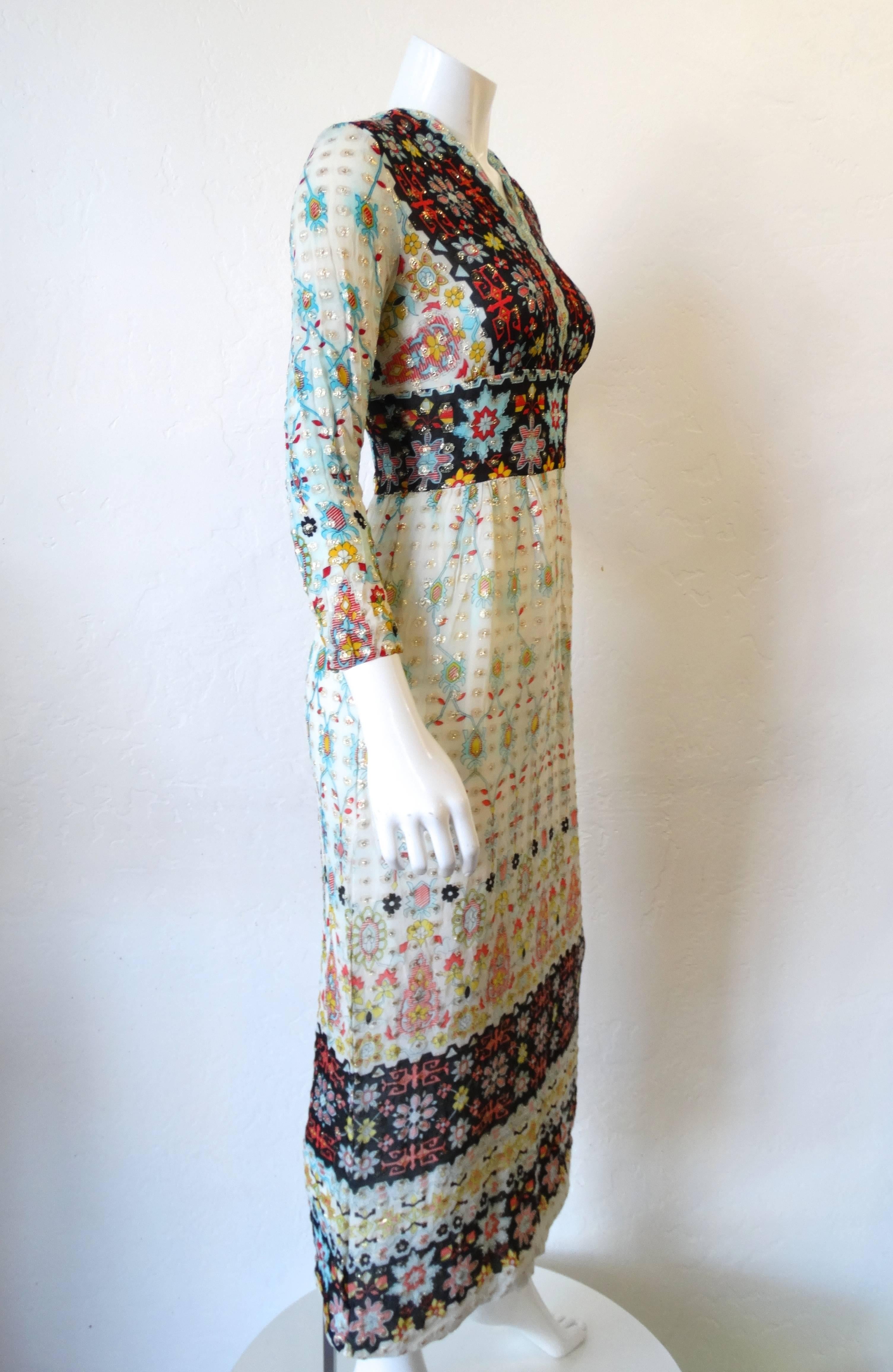 Gray 1970s Romantica by Victor Costa Metallic Printed Maxi Gown