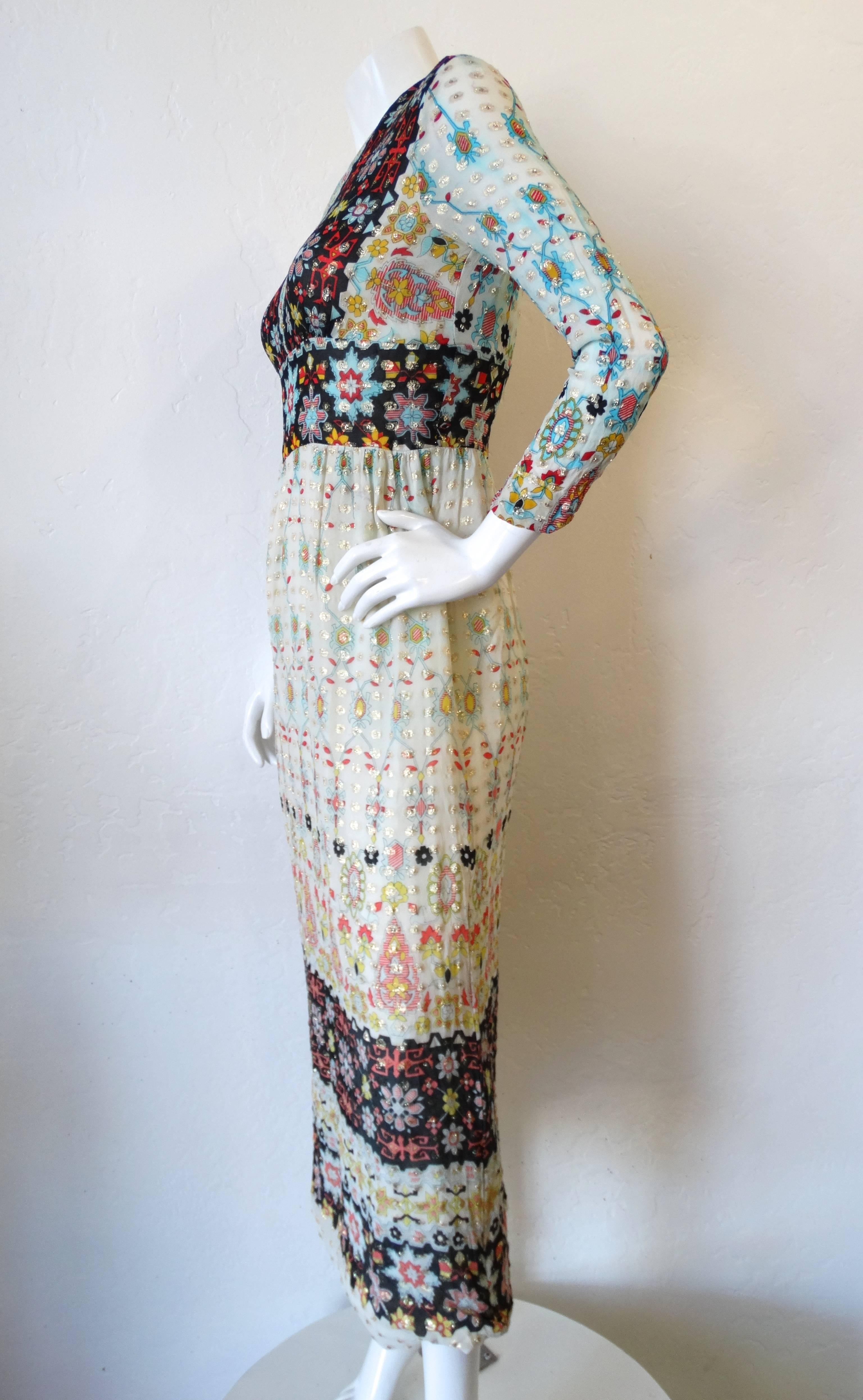 1970s Romantica by Victor Costa Metallic Printed Maxi Gown 1